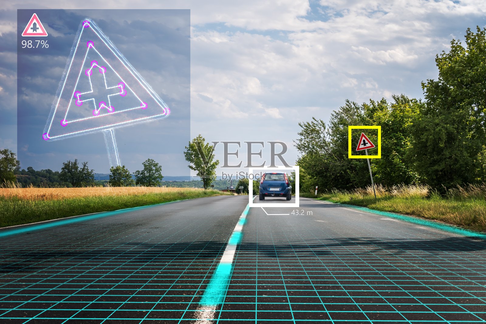 自动驾驶汽车正在识别路标。计算机视觉和人工智能概念。照片摄影图片