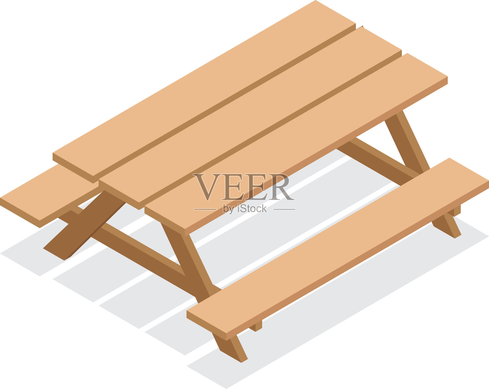 等距木桌与长凳。3d矢量户外家具图标设计元素图片