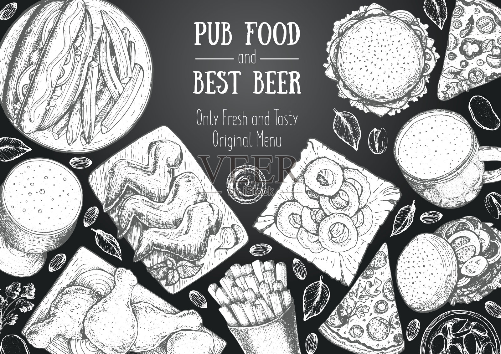 酒吧食物框架矢量插图。啤酒、肉、披萨、快餐和零食手绘。食物设置为酒吧设计俯视图。啤酒餐厅的复古雕刻插图插画图片素材