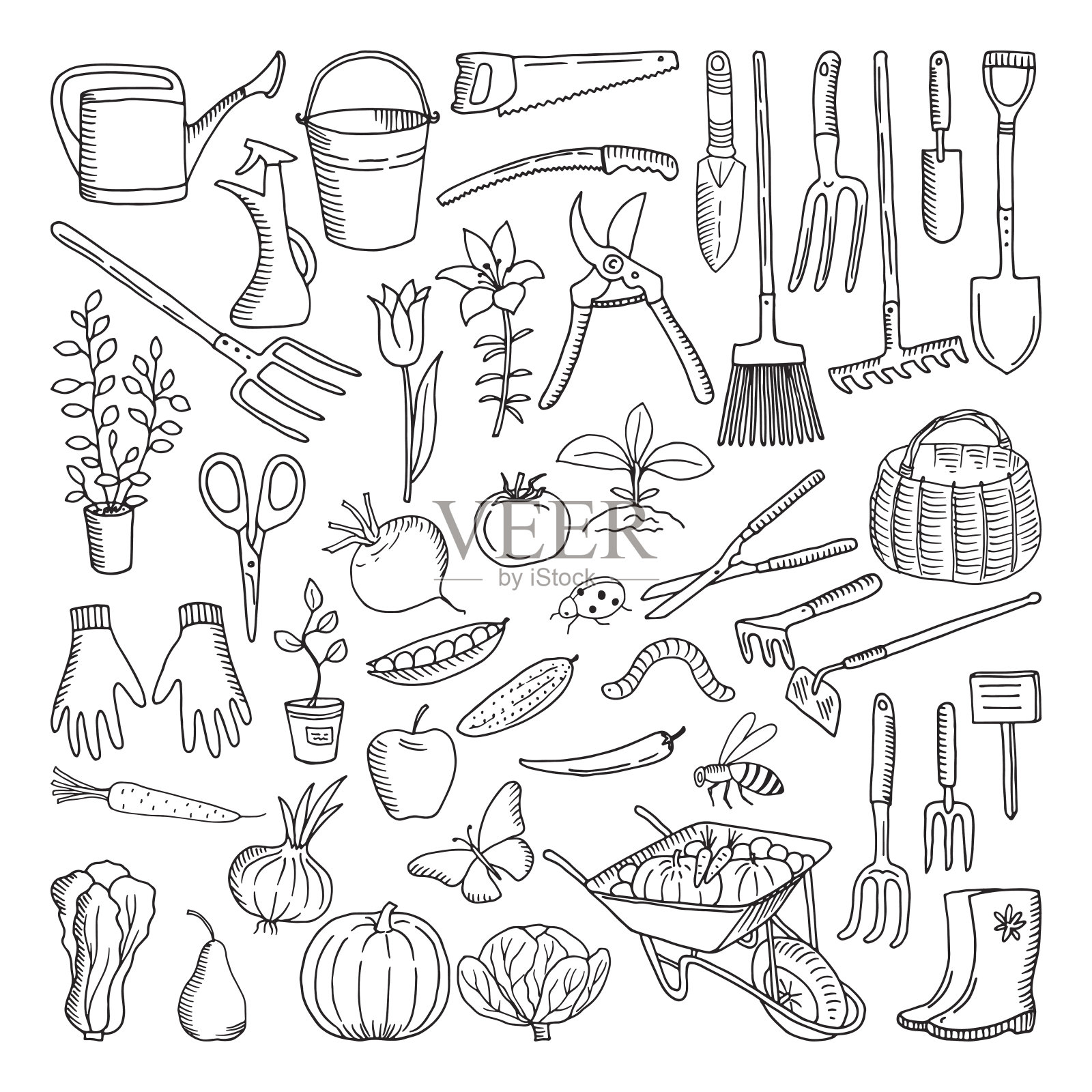 农用和园艺用的手绘工具。自然环境涂鸦插画图片素材
