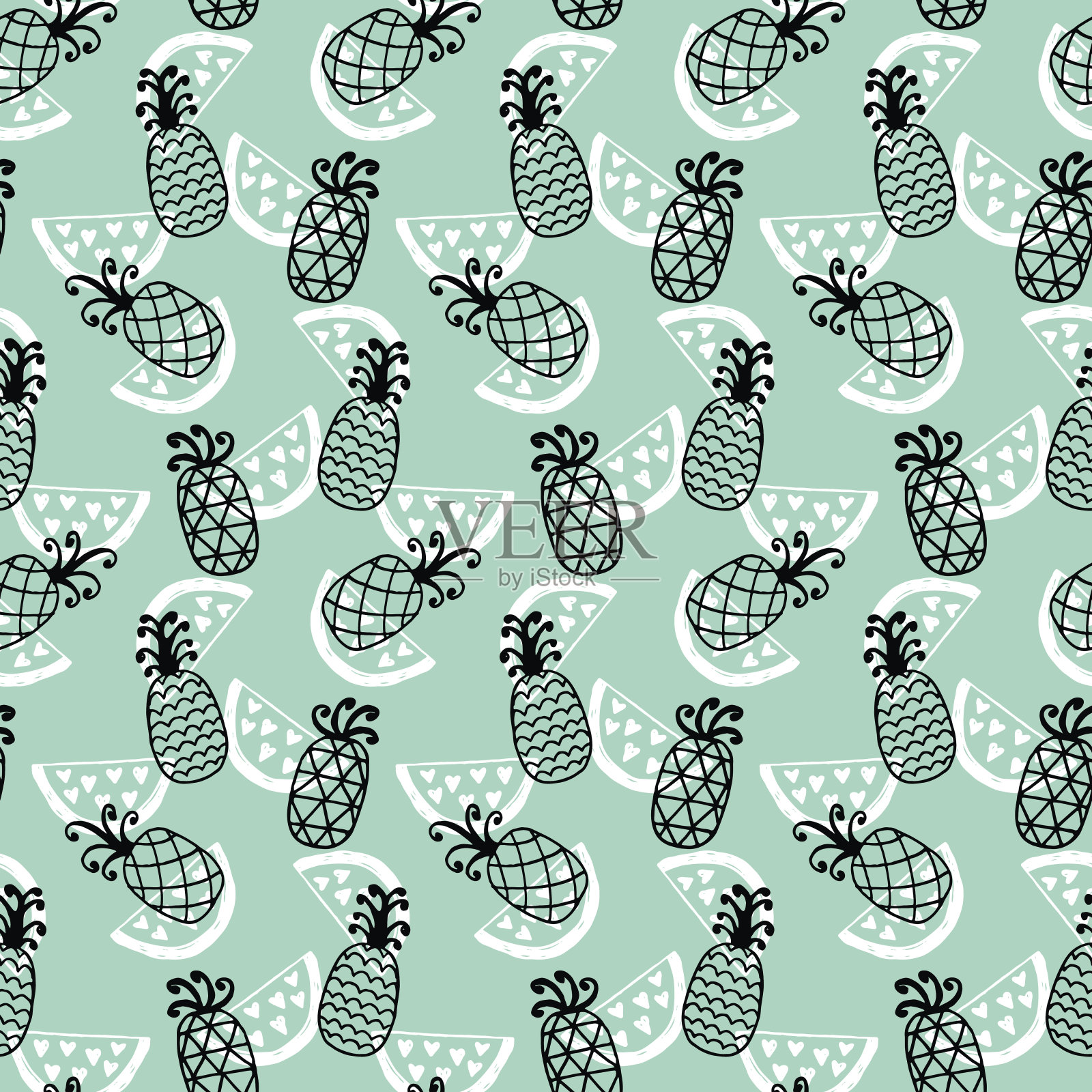 菠萝无缝模式上薄荷背景插画图片素材