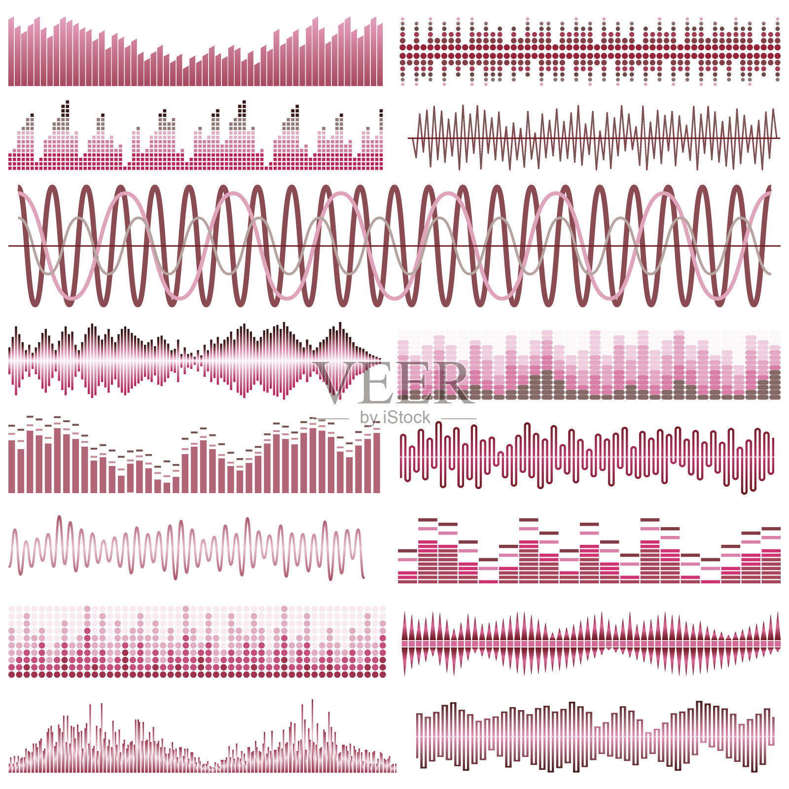 红色声波的矢量集合。音频均衡器。声音和音频波插画图片素材