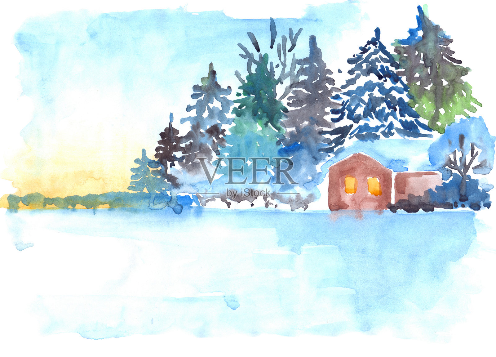冬季积雪的松林和房屋景观插画图片素材