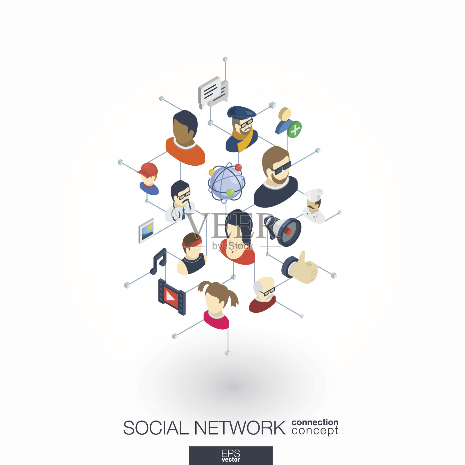 社会整合了3d网络图标。数字网络等距概念插画图片素材