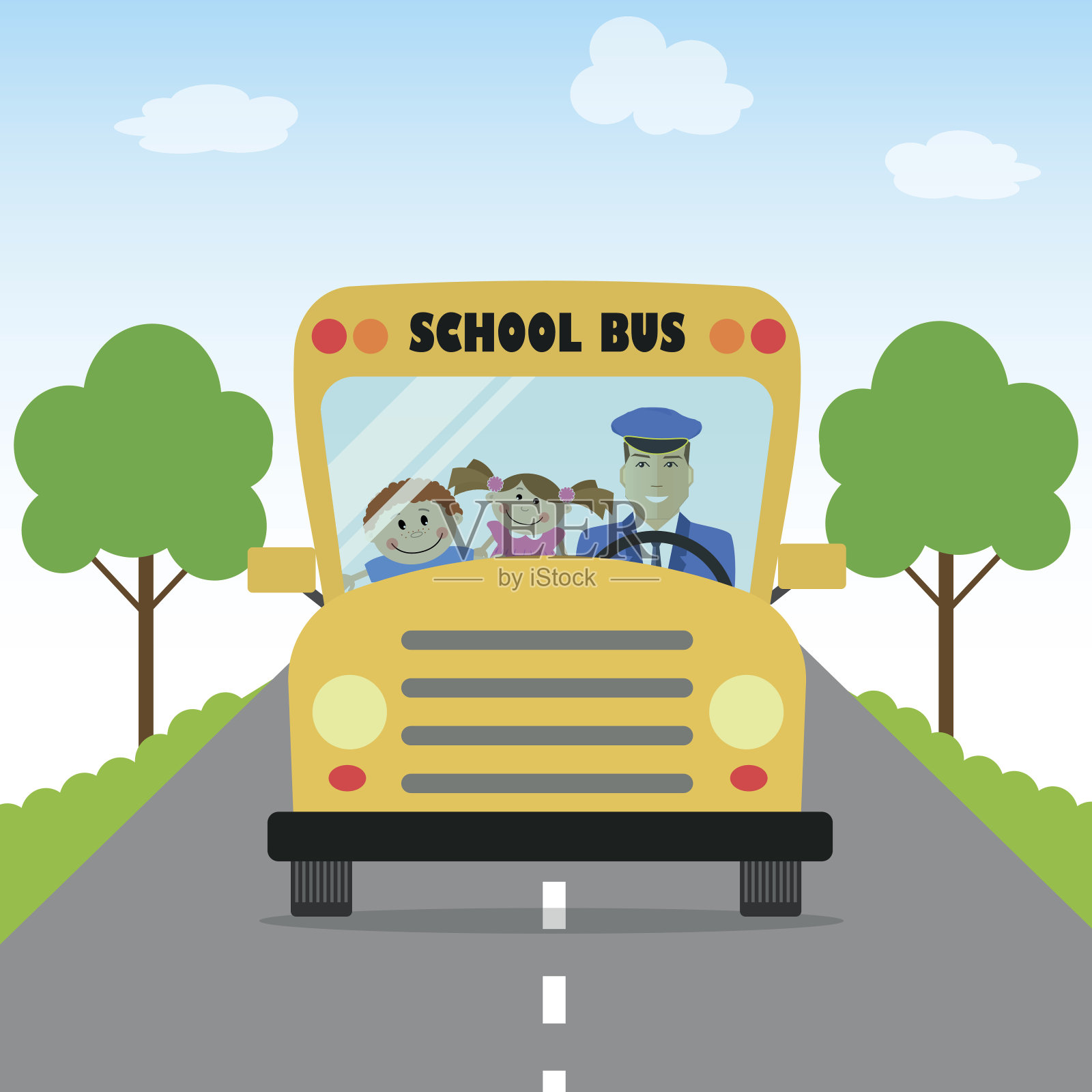孩子们乘校车上学插画图片素材