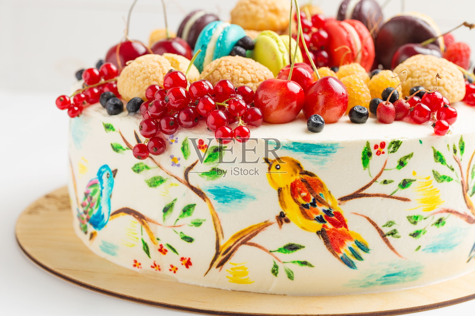 蛋糕与手绘的五颜六色的鸟和新鲜的浆果照片摄影图片