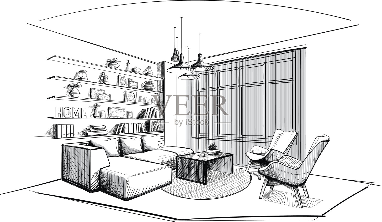现代客厅室内草图。插画图片素材