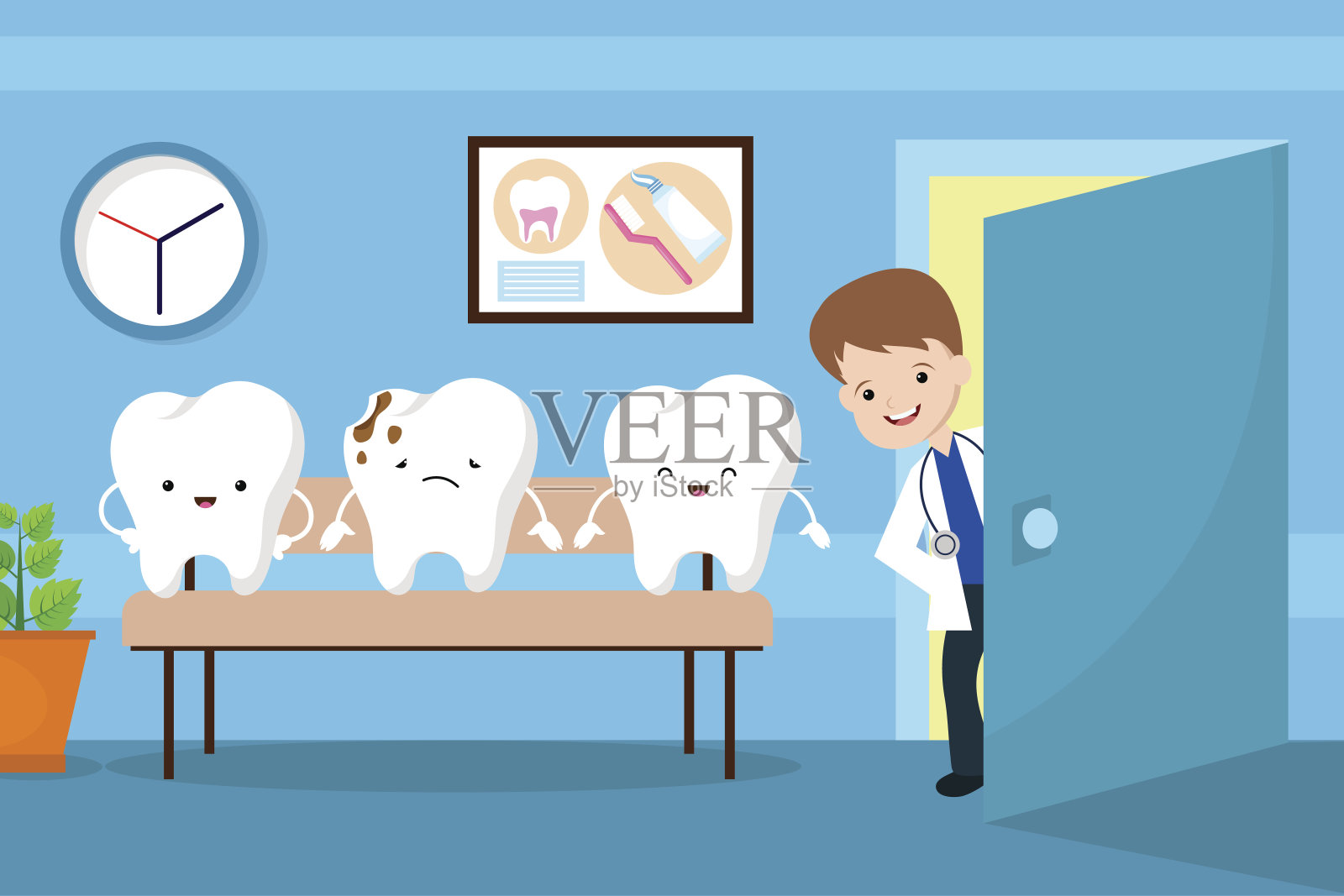 健康口腔向量儿童的概念。牙医等候室的牙齿插画图片素材