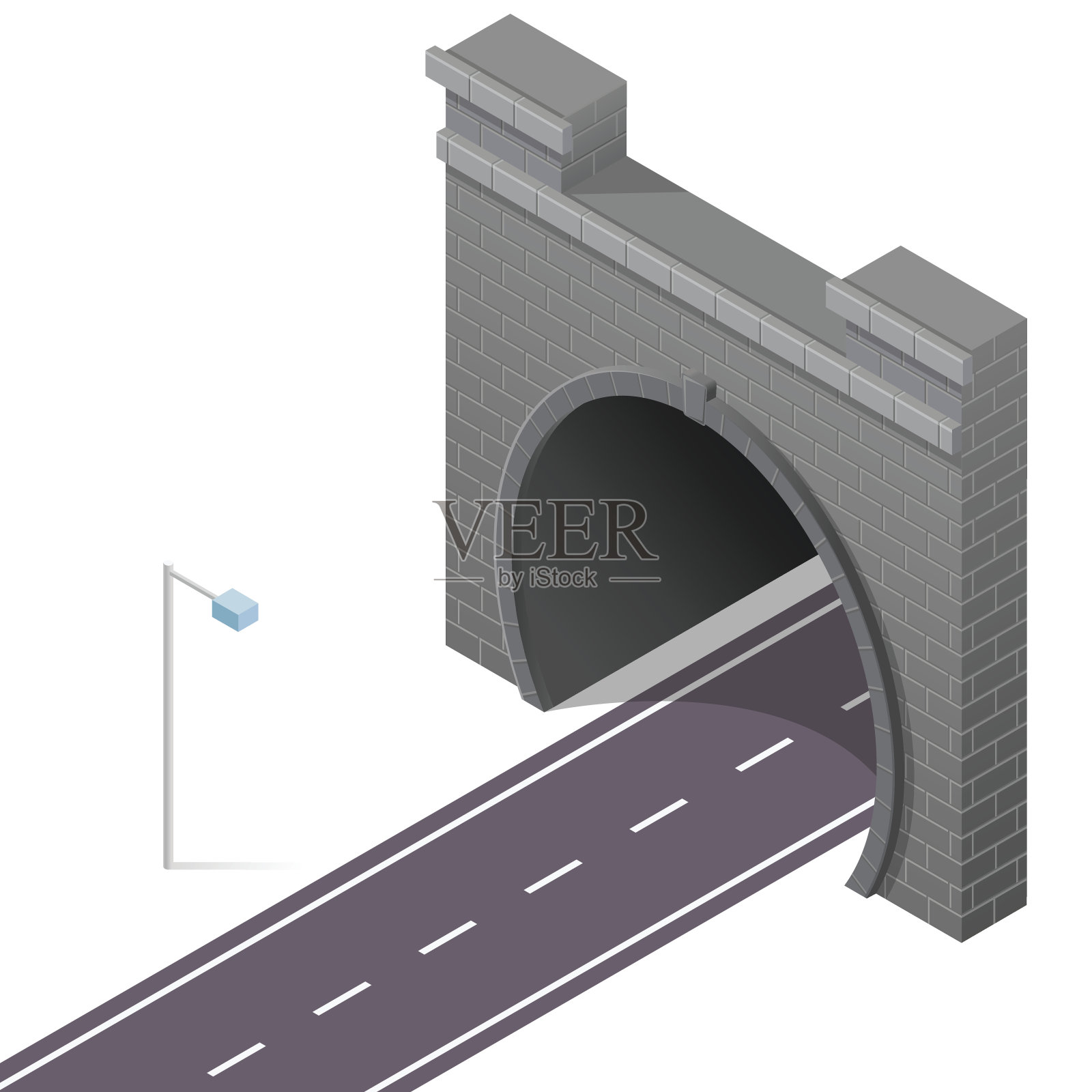 矢量低聚石隧道在等距三维透视与沥青路面。设计元素图片