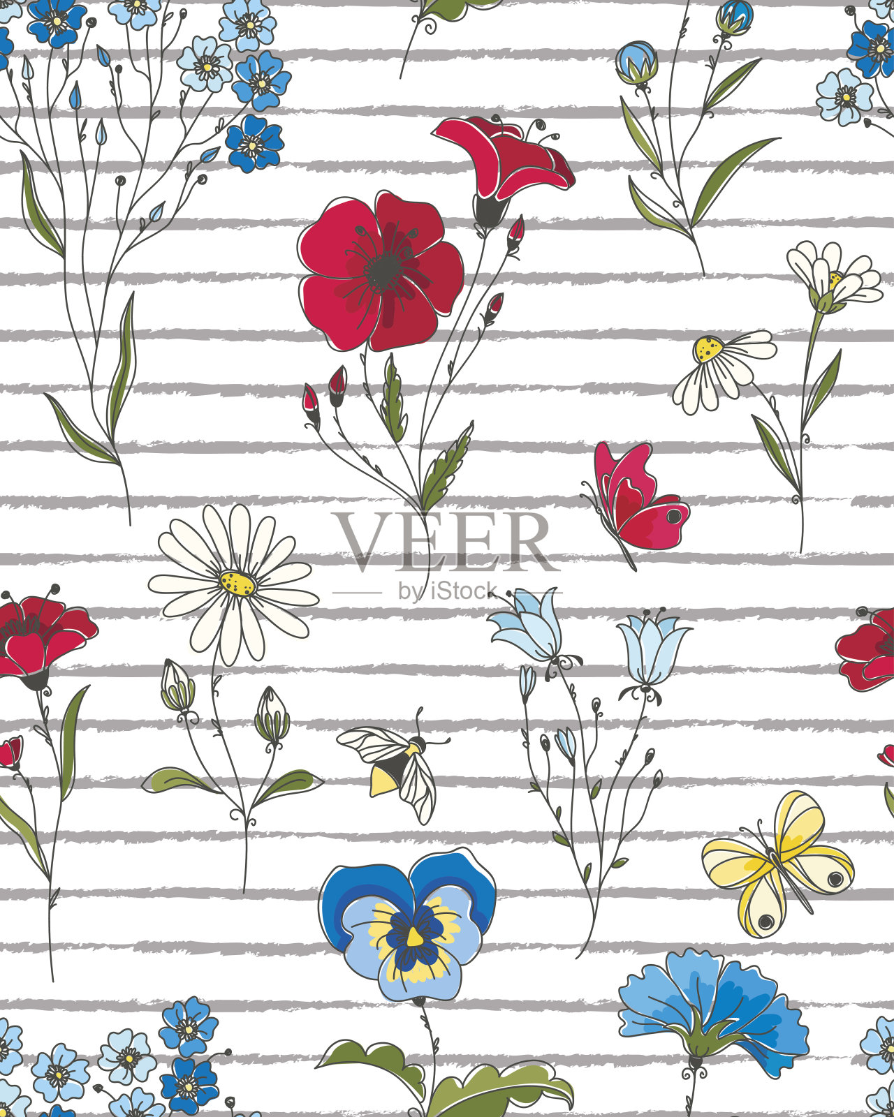 Vector花卉无缝图案。五颜六色的花卉图案与野花条纹背景。插画图片素材