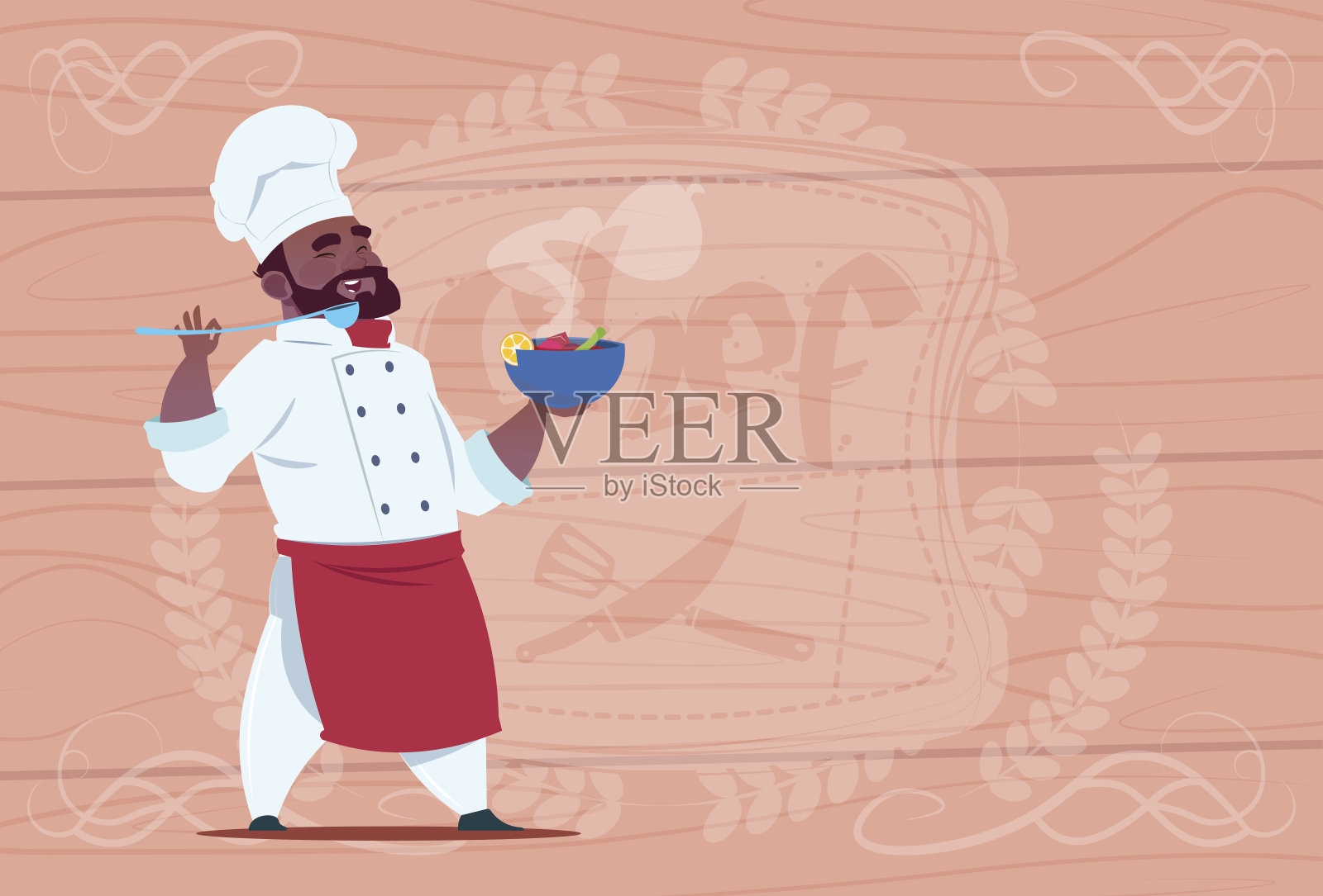 非裔美国厨师厨师拿着盘子与热汤微笑卡通首席在白色餐厅制服在木制纹理的背景插画图片素材