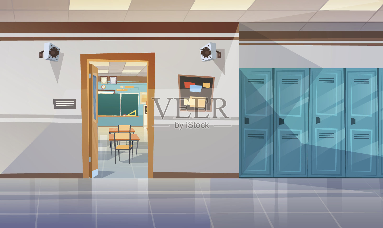 空的学校走廊和储物柜大厅打开门到教室插画图片素材