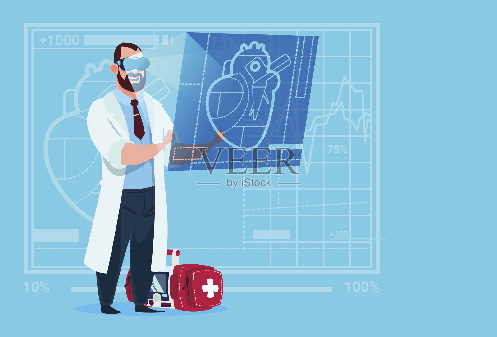 医生心脏病专家检查数字心脏佩戴虚拟现实眼镜医疗诊所工作者医院插画图片素材