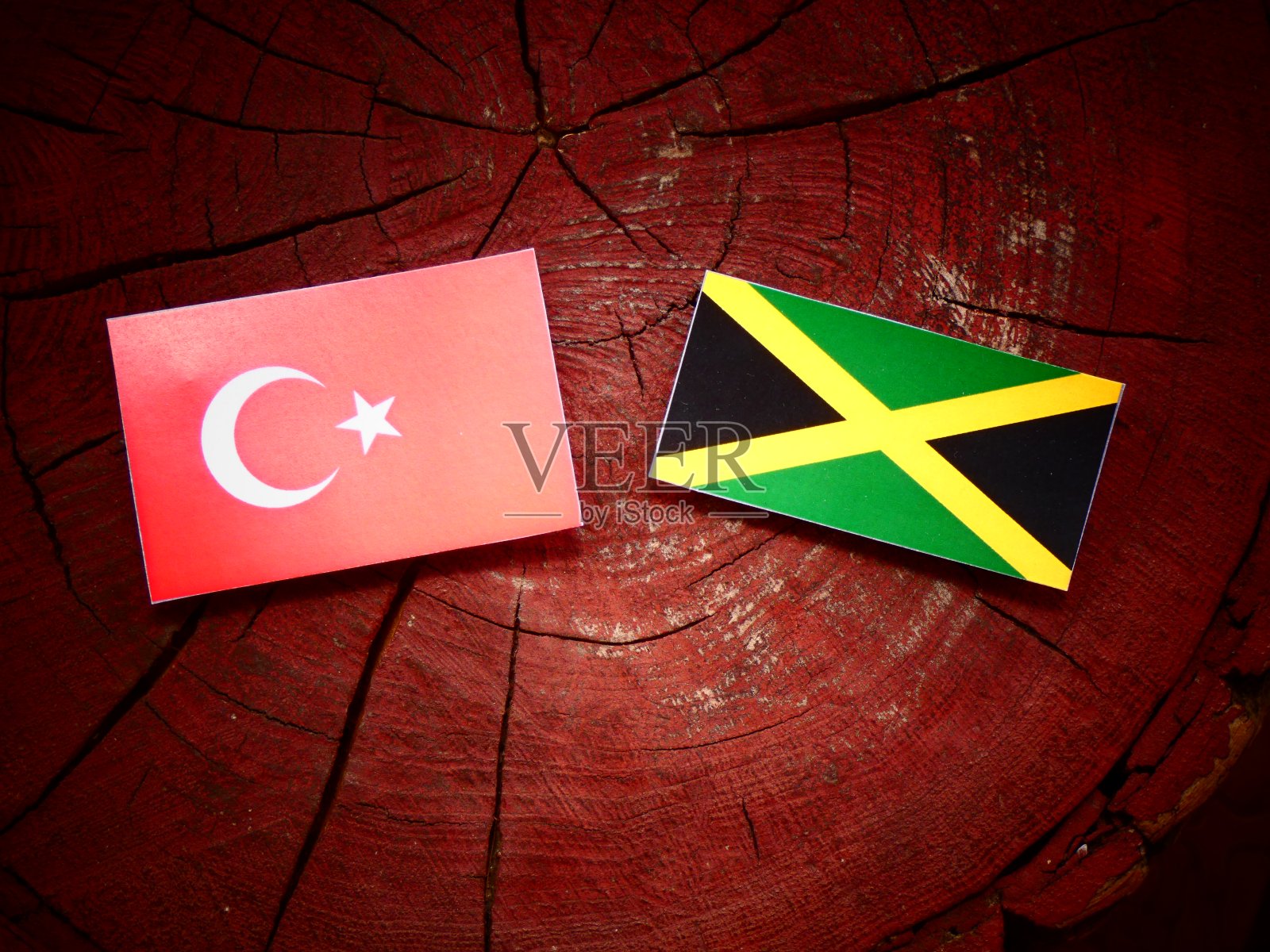 孤立的树桩上挂着土耳其国旗和牙买加国旗照片摄影图片