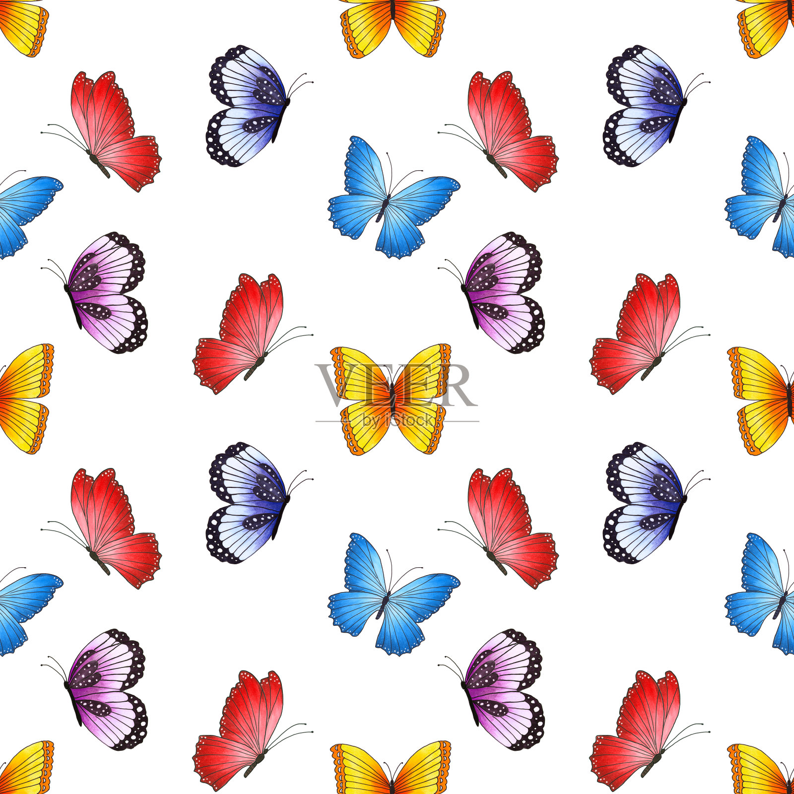 无缝图案与彩色蝴蝶孤立的白色背景。插画图片素材