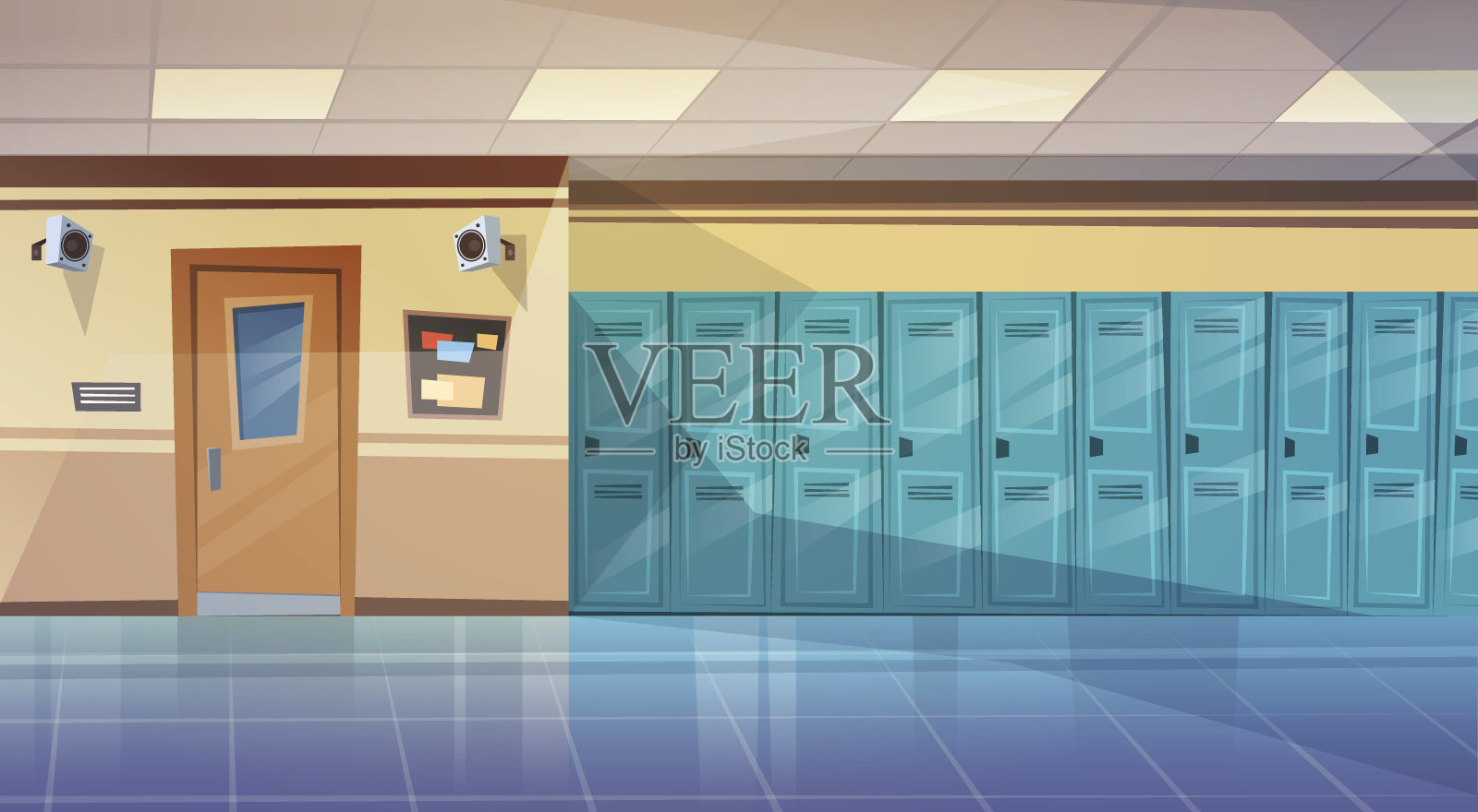 空置的学校走廊内部与一排排的储物柜水平横幅插画图片素材