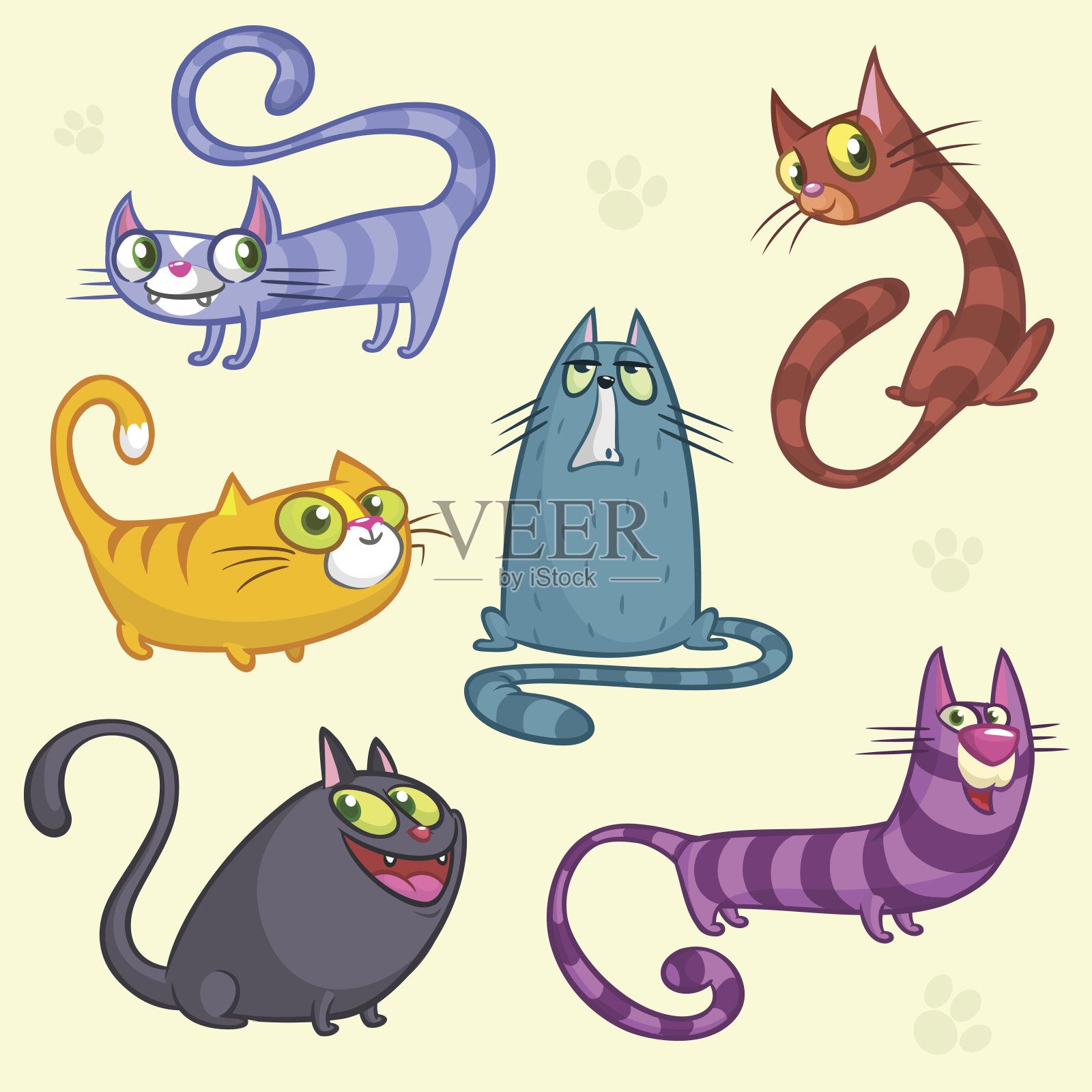 有趣的卡通和矢量猫的人物概述。向量组彩色的猫。猫养可爱的宠物动物收藏。孤立的对象插画图片素材