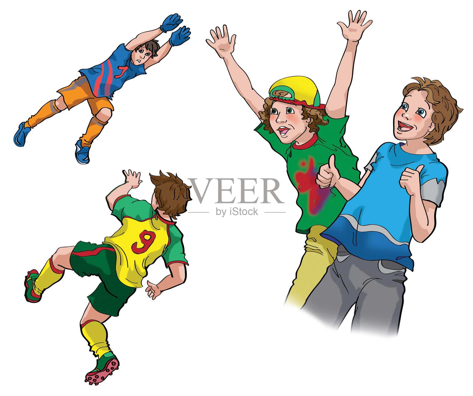 足球运动员和两个青少年欢呼插画图片素材