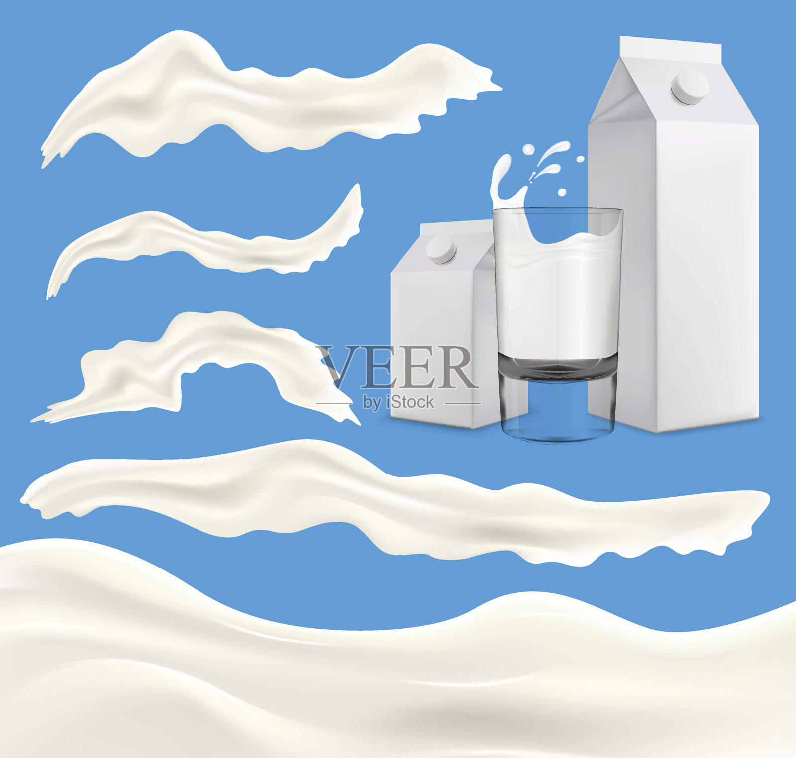 牛奶波在蓝色背景的设置。插画图片素材