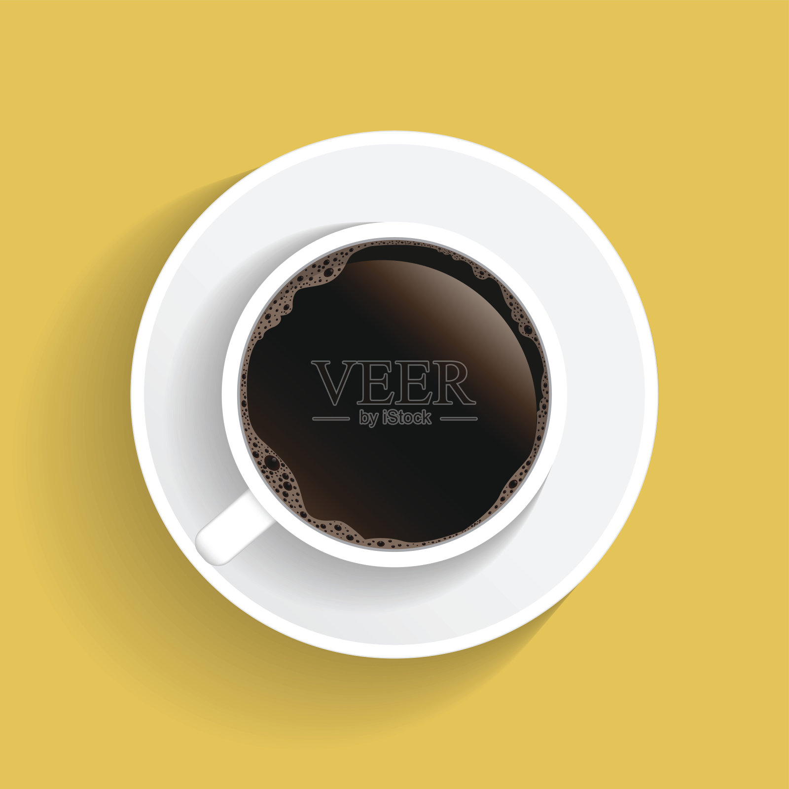 现实的顶视图白色咖啡杯和碟孤立在黄色的背景。插图设计元素图片