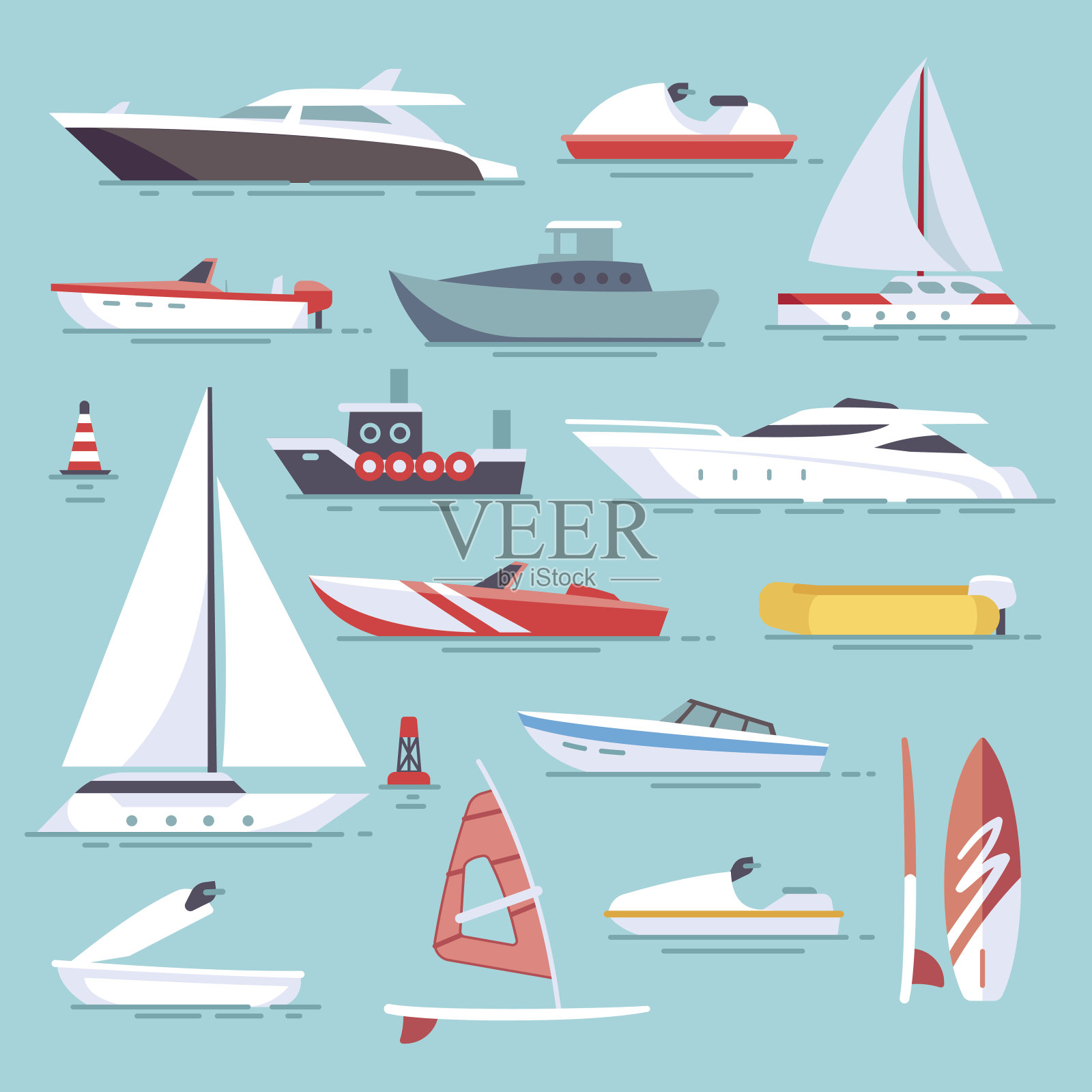 海船和小渔船。帆船平面矢量图标插画图片素材