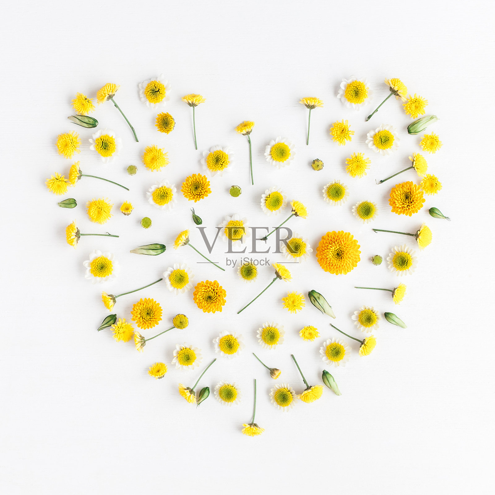 心的象征由各种黄色的花在白色的背景照片摄影图片