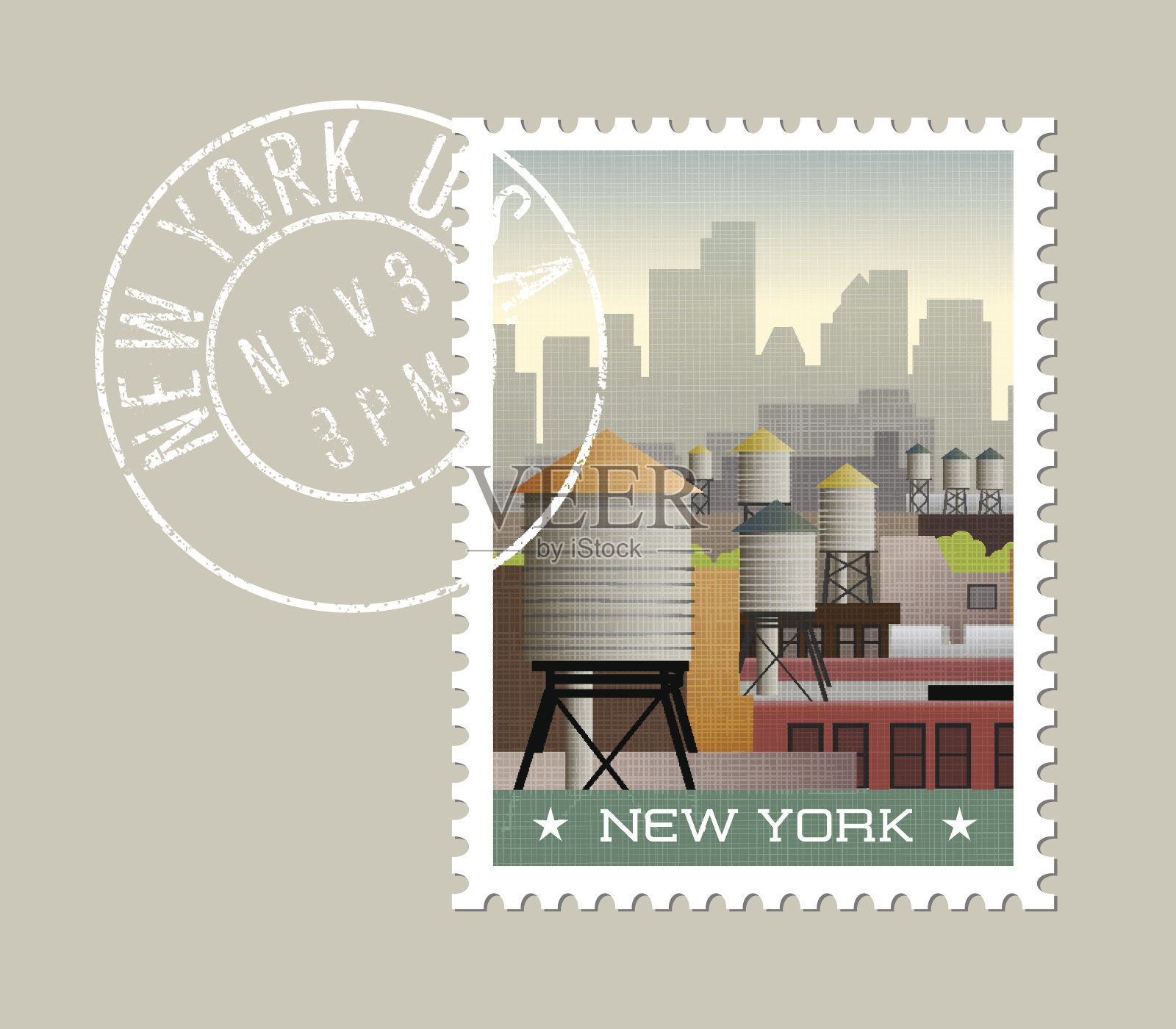 纽约邮票设计。在建筑物的屋顶上的水塔矢量插图，与摩天大楼的剪影。在另一层上印上Grunge邮戳插画图片素材