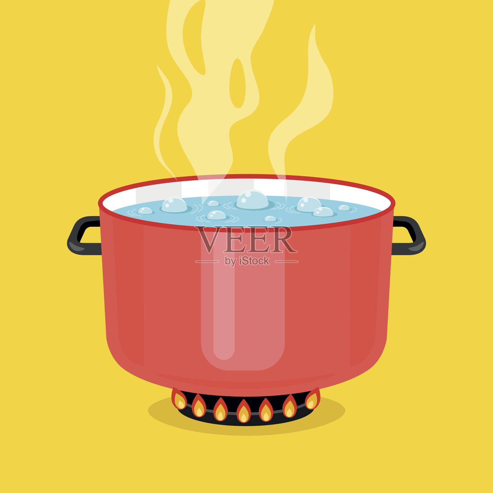 在锅里烧开水。红色烹饪锅在炉子上与水和蒸汽。平面设计图形元素。矢量图设计元素图片