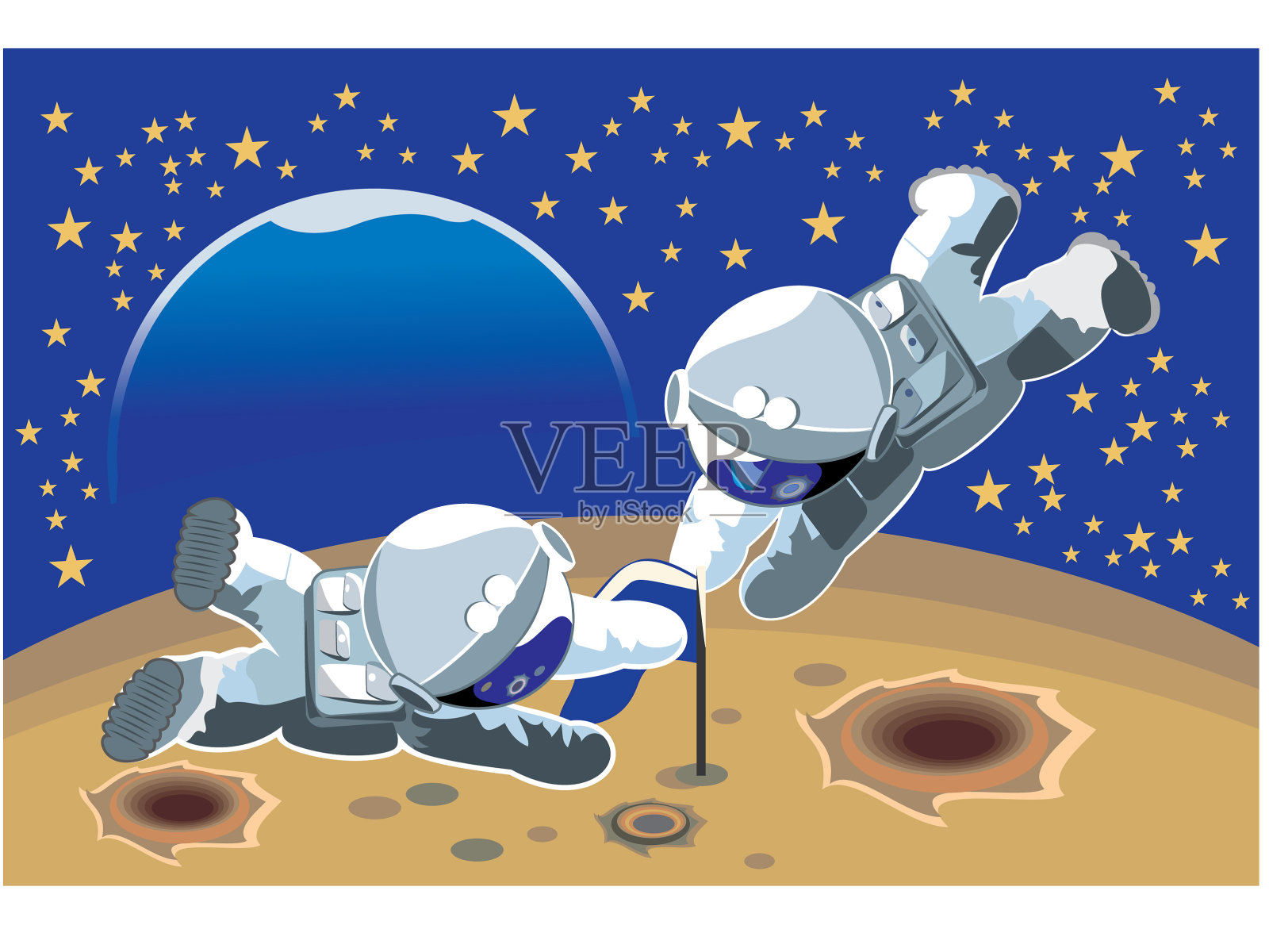 两个宇航员在月球上插画图片素材