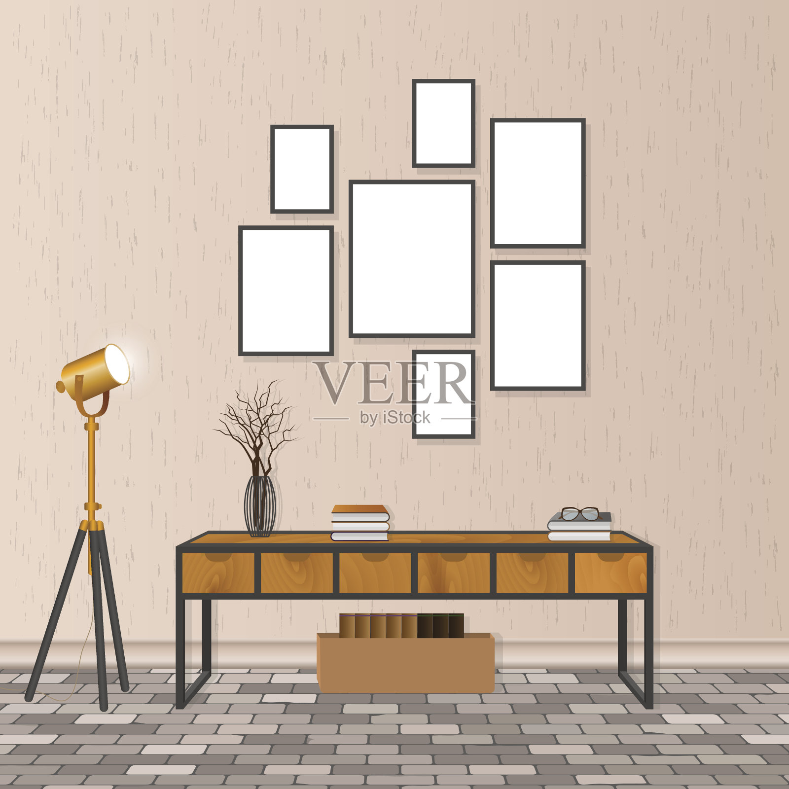 时髦风格的模拟客厅内部，空框架，砖地板和混凝土墙。阁楼设计理念。插画图片素材