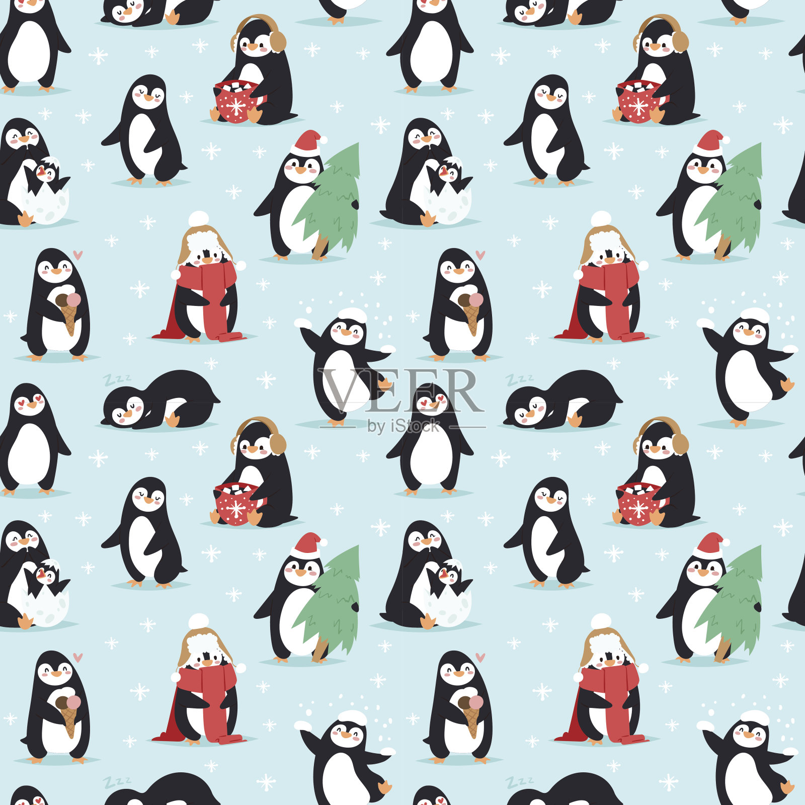 圣诞企鹅无缝模式向量插画图片素材