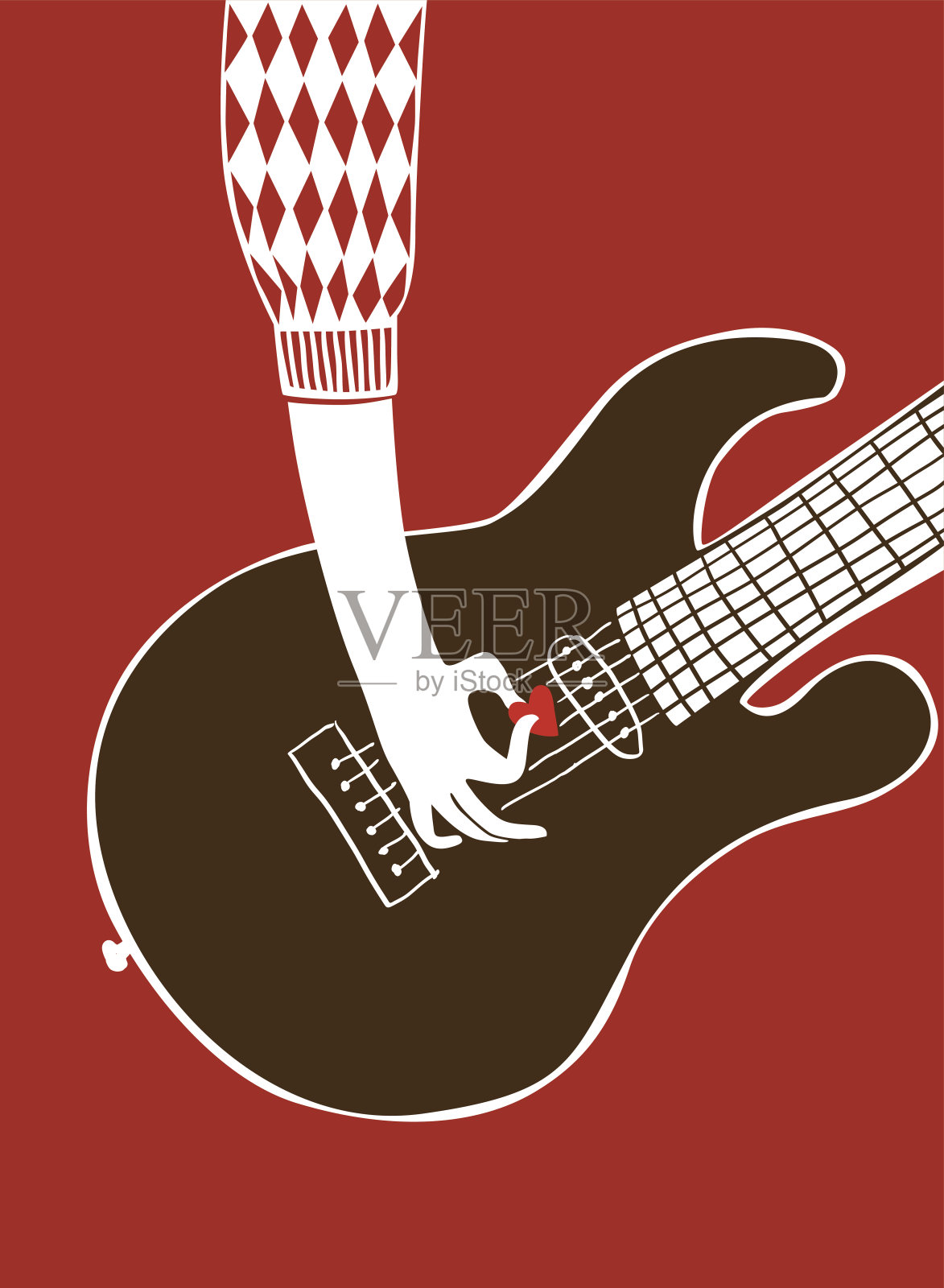 矢量插图。在海报或卡片上，一个男人的手在弹吉他，中间有一个心形的调解器设计元素图片
