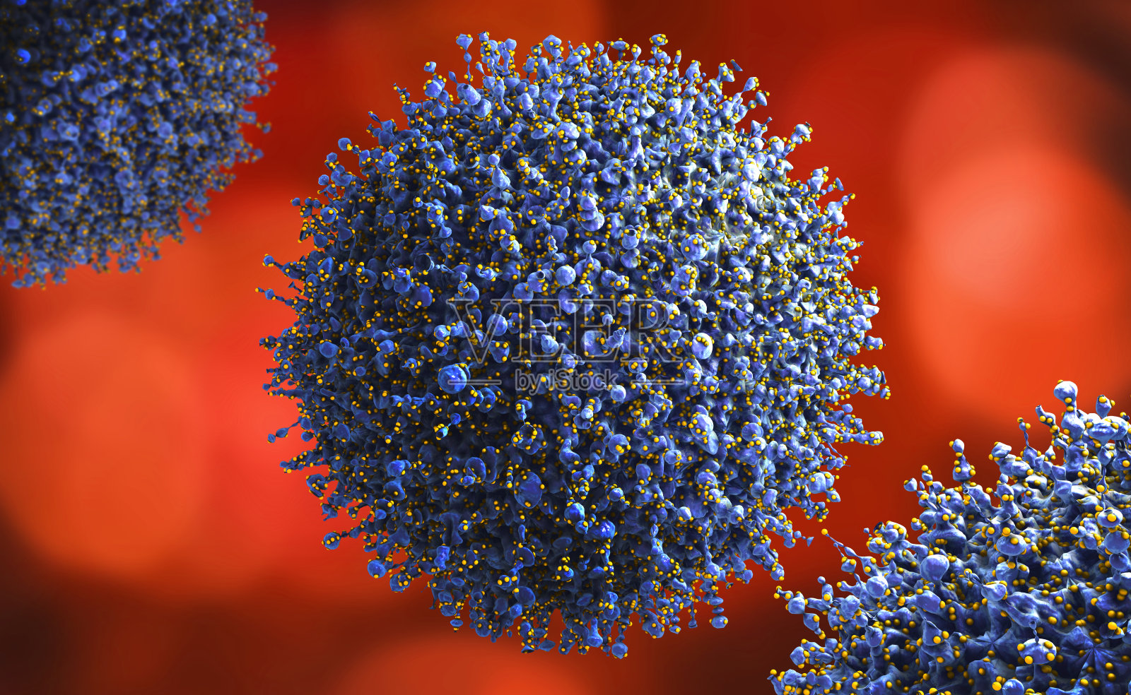 病毒细胞的三维图示，红色背景为传感器或受体照片摄影图片