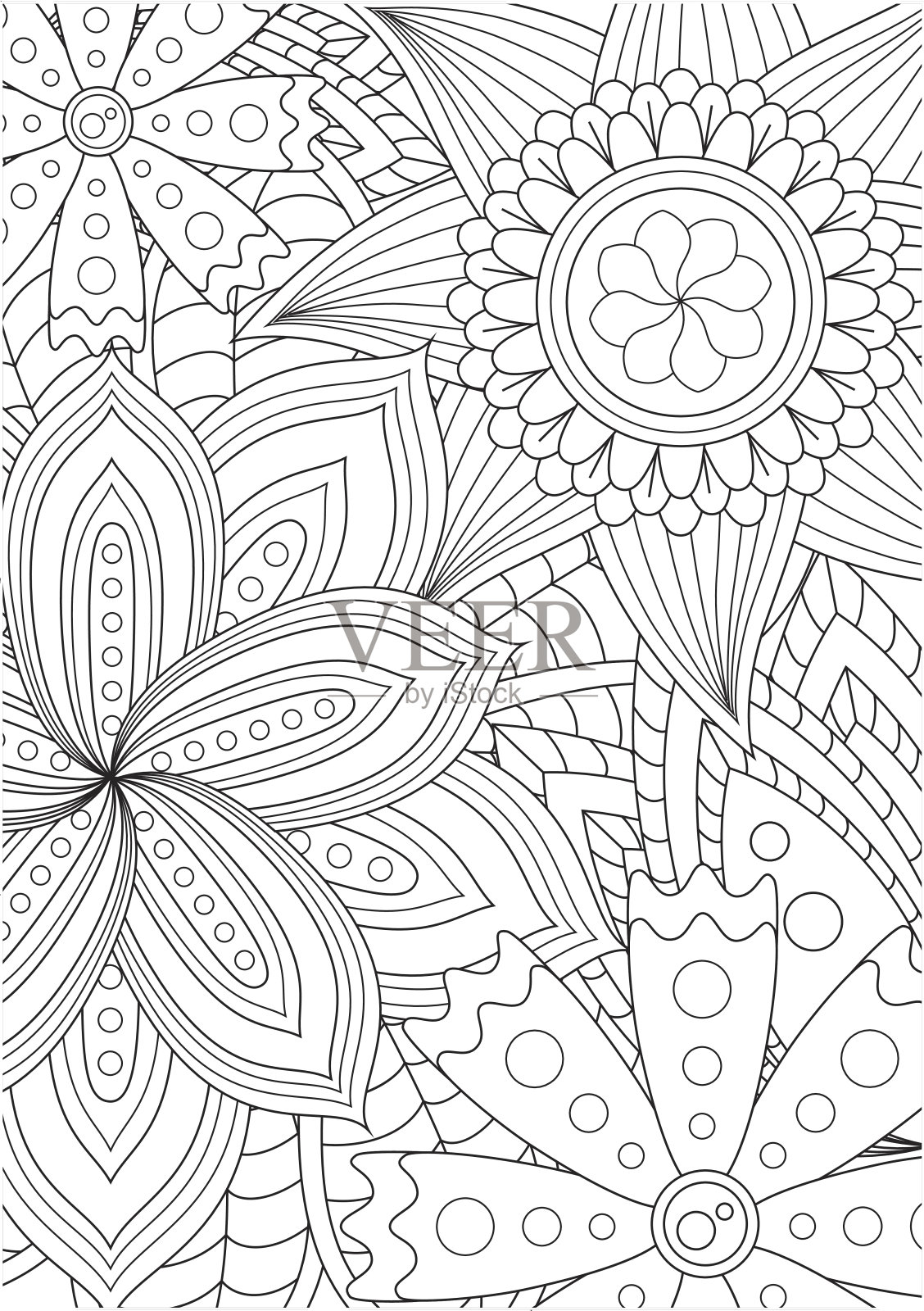 黑白花卉图案的涂色书在涂鸦风格。插画图片素材