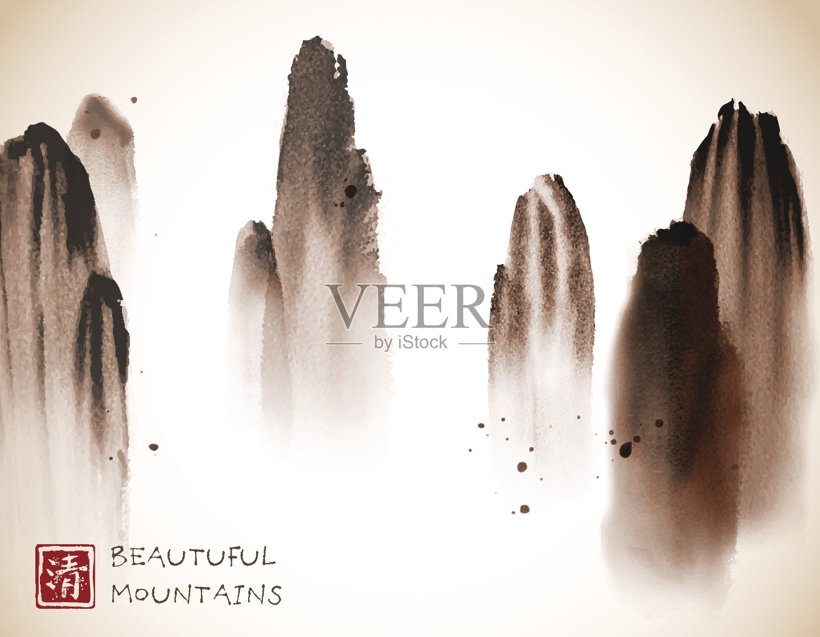山在雾手绘与墨水在复古风格。漂浮的岩石。传统的东方水墨画粟娥、月仙、围棋。插画图片素材