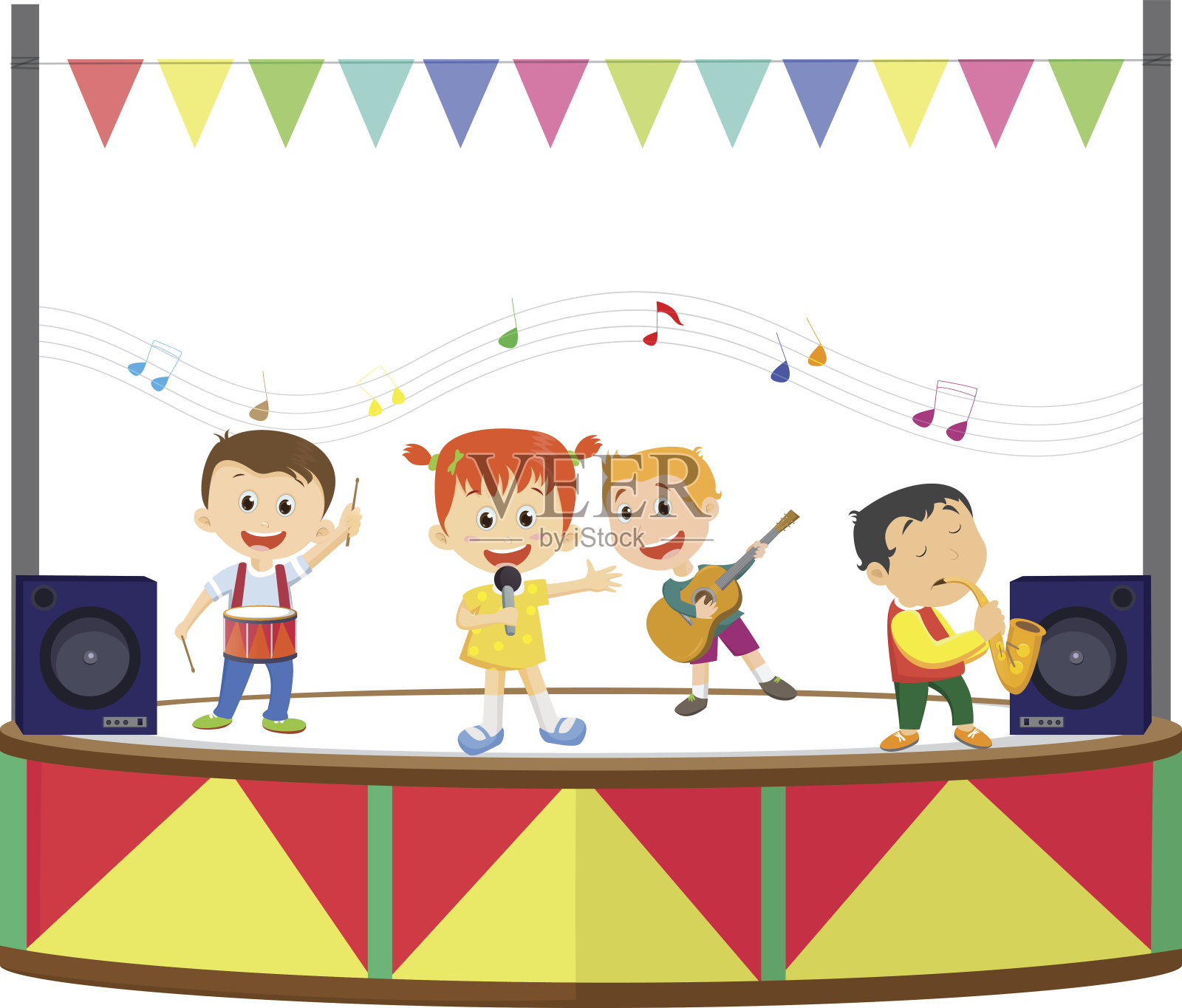 一个快乐的孩子在舞台上演奏音乐的插图插画图片素材