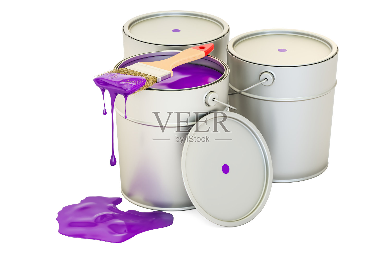 罐与紫色油漆和刷子，3D渲染孤立的白色背景照片摄影图片