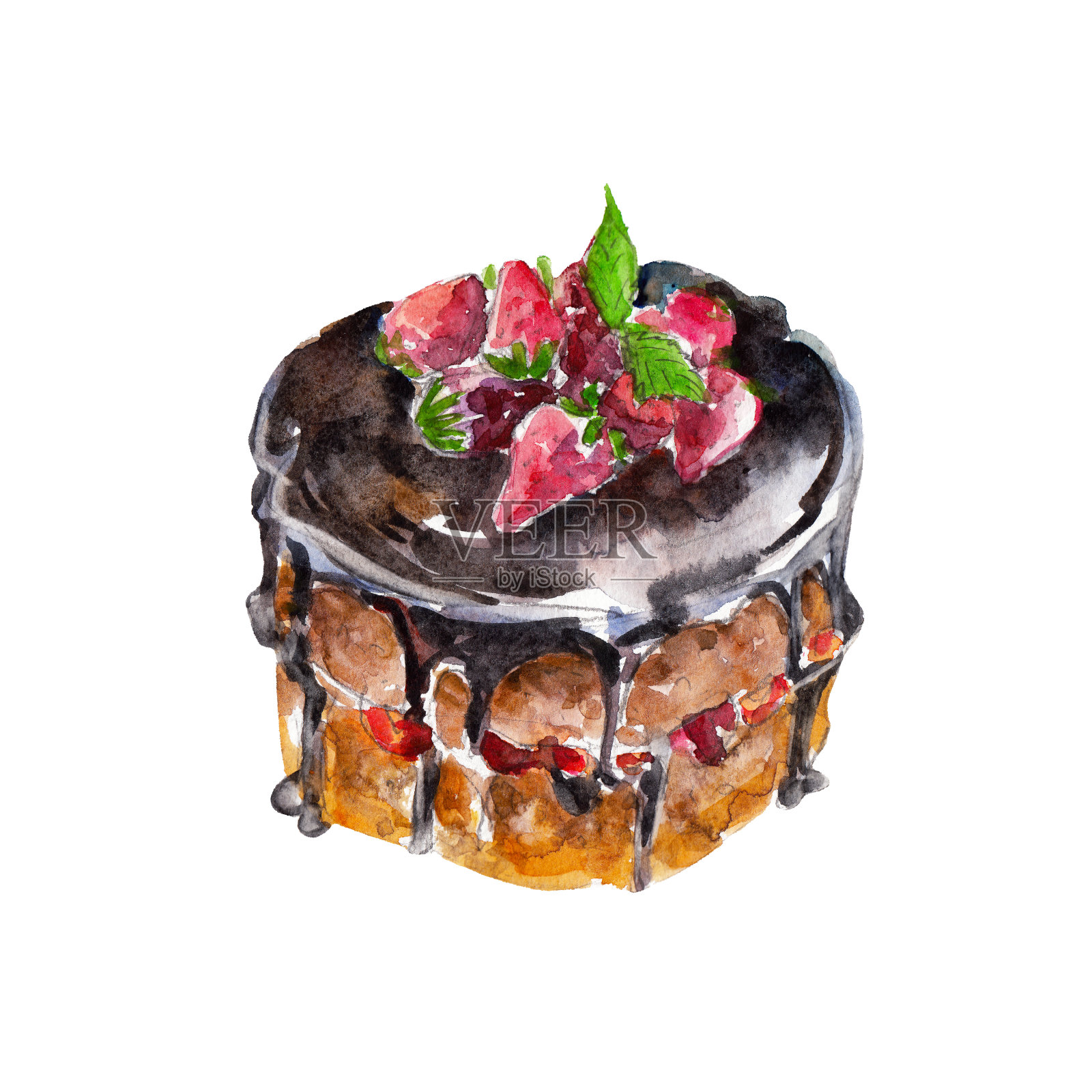 巧克力蛋糕与草莓孤立在白色背景，水彩插图手绘风格。插画图片素材