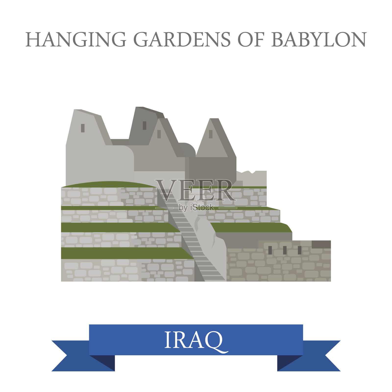 扁平卡通巴比伦空中花园网站矢量插图。亚洲伊拉克观光。地标和世界著名的展示地点概念。插画图片素材