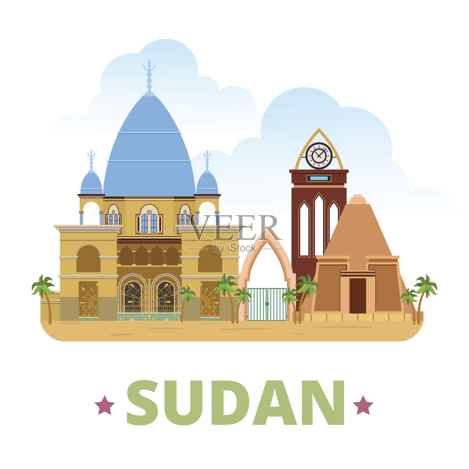 苏丹国家平面卡通风格的历史景观展示网站矢量插图。世界旅游观光非洲非洲收藏。喀土穆梅罗大学马赫迪金字塔墓。插画图片素材