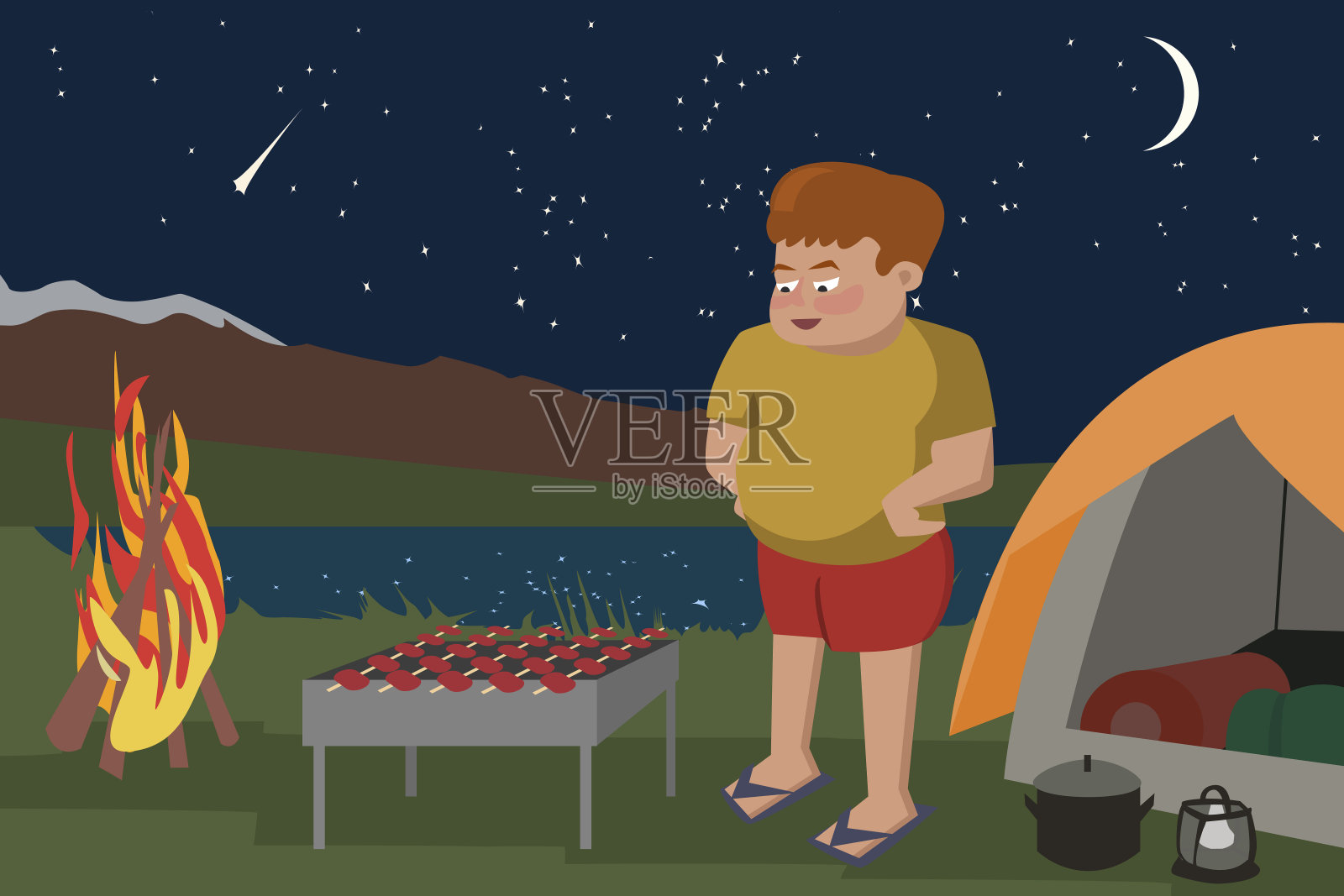 在露营区，一名男子在烧烤架上烤肉插画图片素材