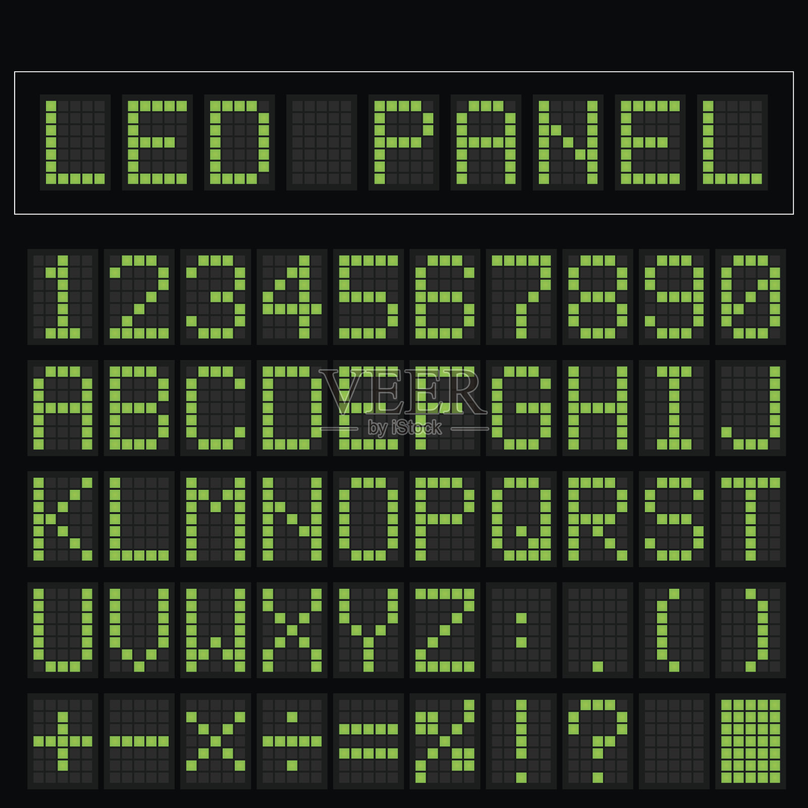 绿色数字方形led字体显示与样本面板插画图片素材