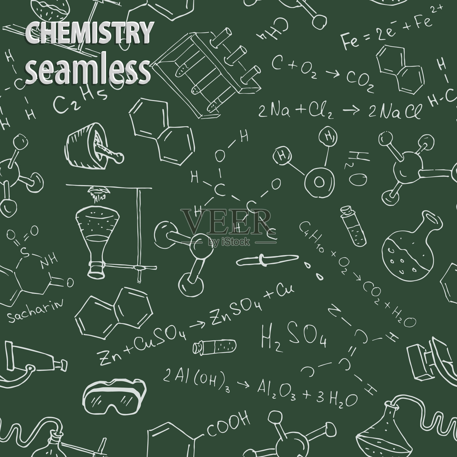 用粉笔在绿色的黑板上画化学符号。向量无缝模式。插画图片素材