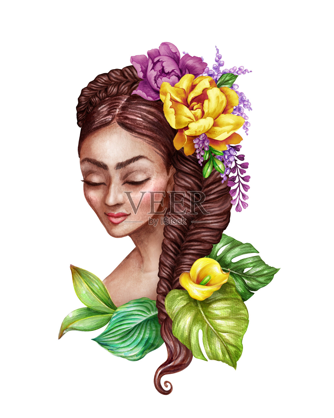 水彩插图，美丽的年轻女子肖像，编织装饰热带花卉，野生丛林，发型，剪贴艺术孤立在白色的背景插画图片素材