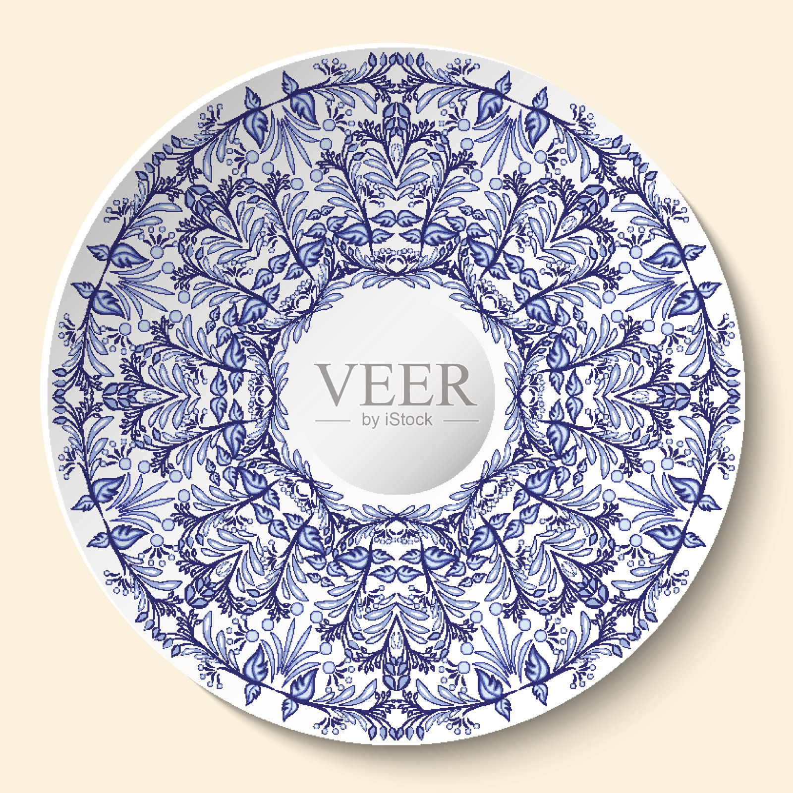 圆形的蓝色花朵点缀。造型以中国或俄罗斯瓷画为基础。图案应用于陶瓷装饰板。插画图片素材