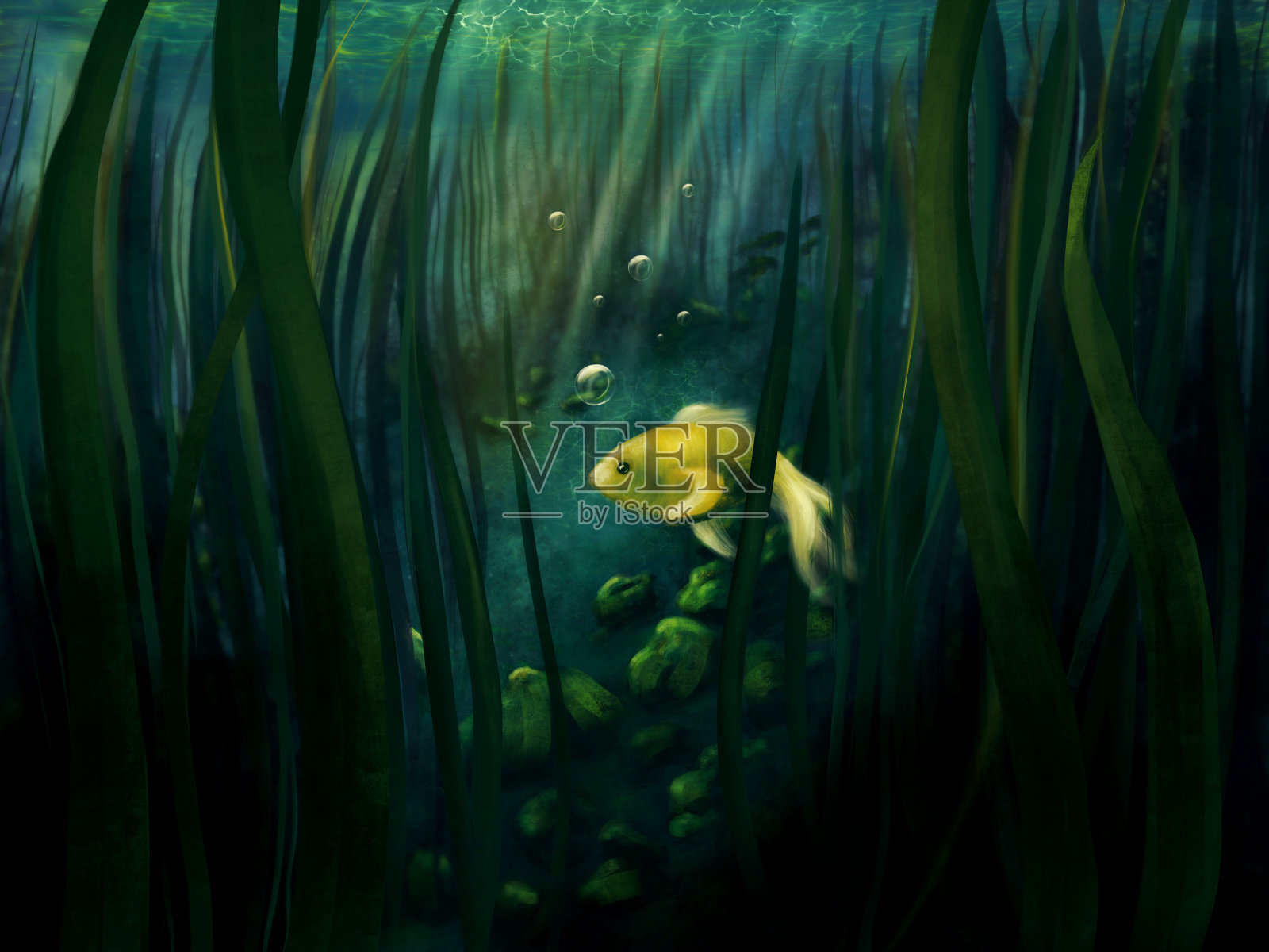 小黄鱼独自在水下风景数码画插画图片素材