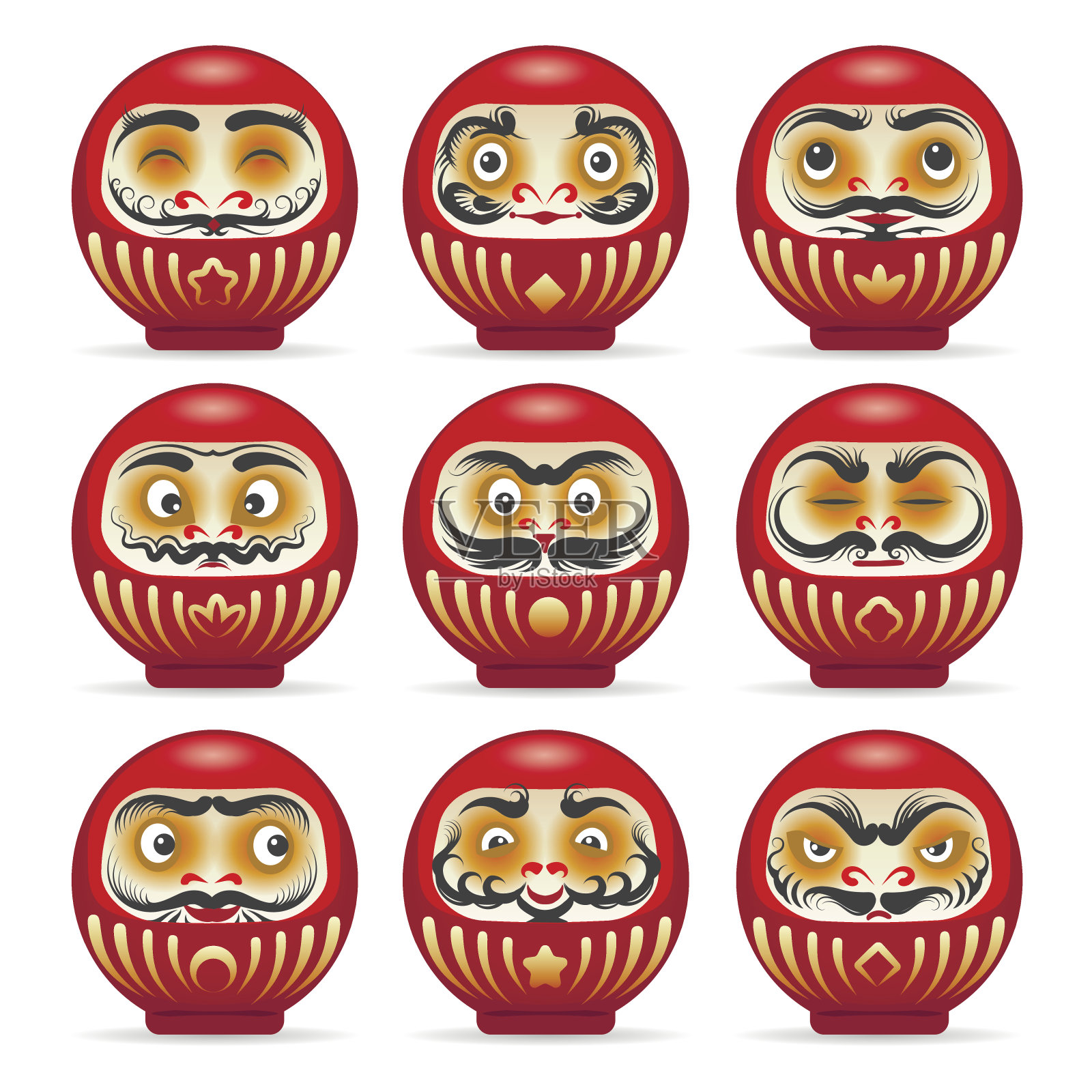 红色达摩日本玩偶套装插画图片素材