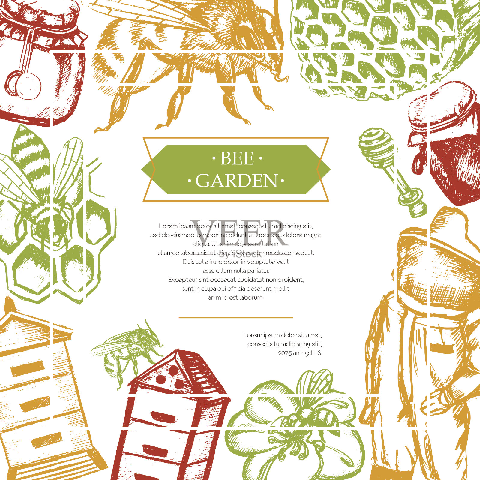蜜蜂花园-颜色矢量复古明信片模板。插画图片素材