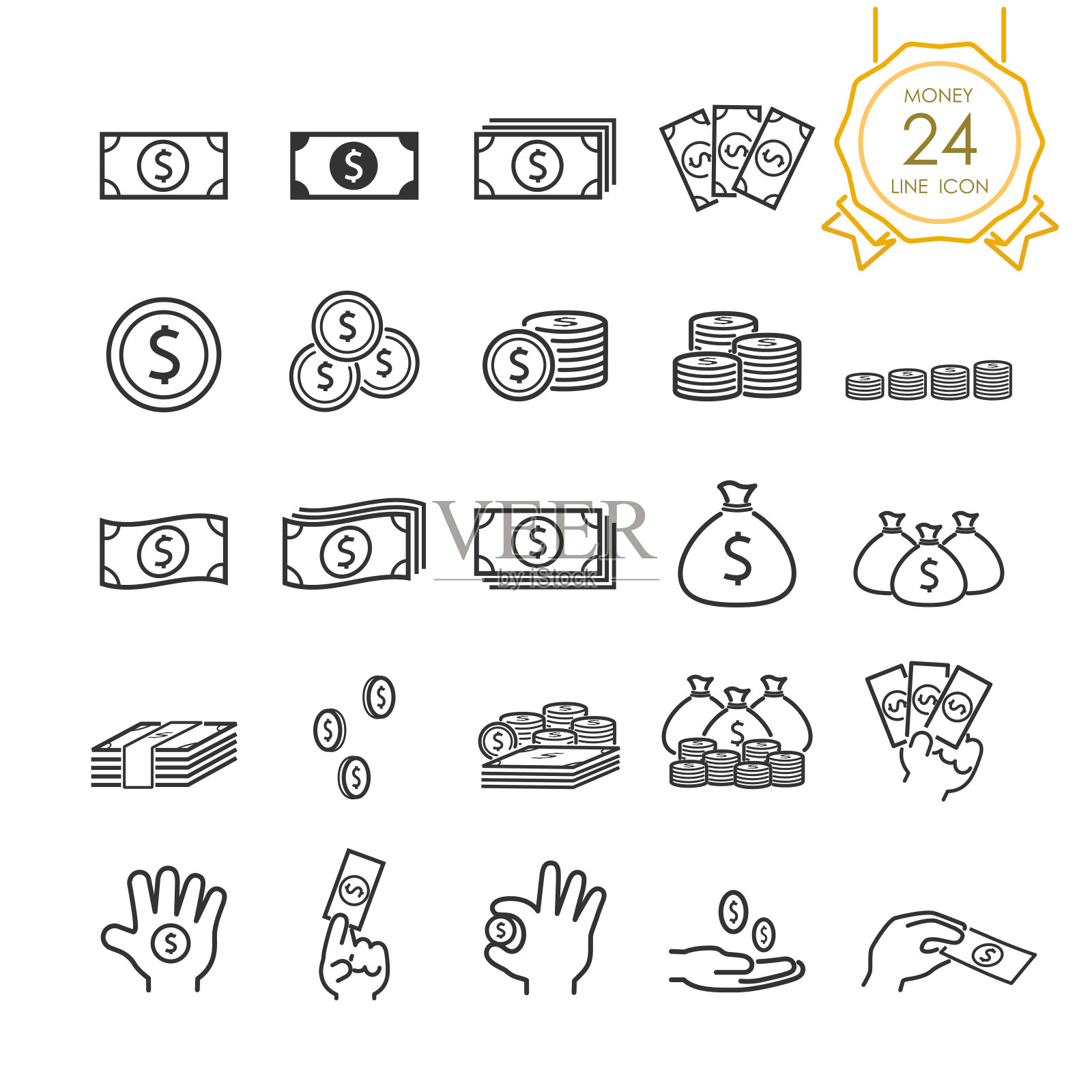 一套钞票，硬币，钱袋和钱的手线图标，为网站，信息图表或业务，简单的符号。矢量图(可编辑描边)图标素材