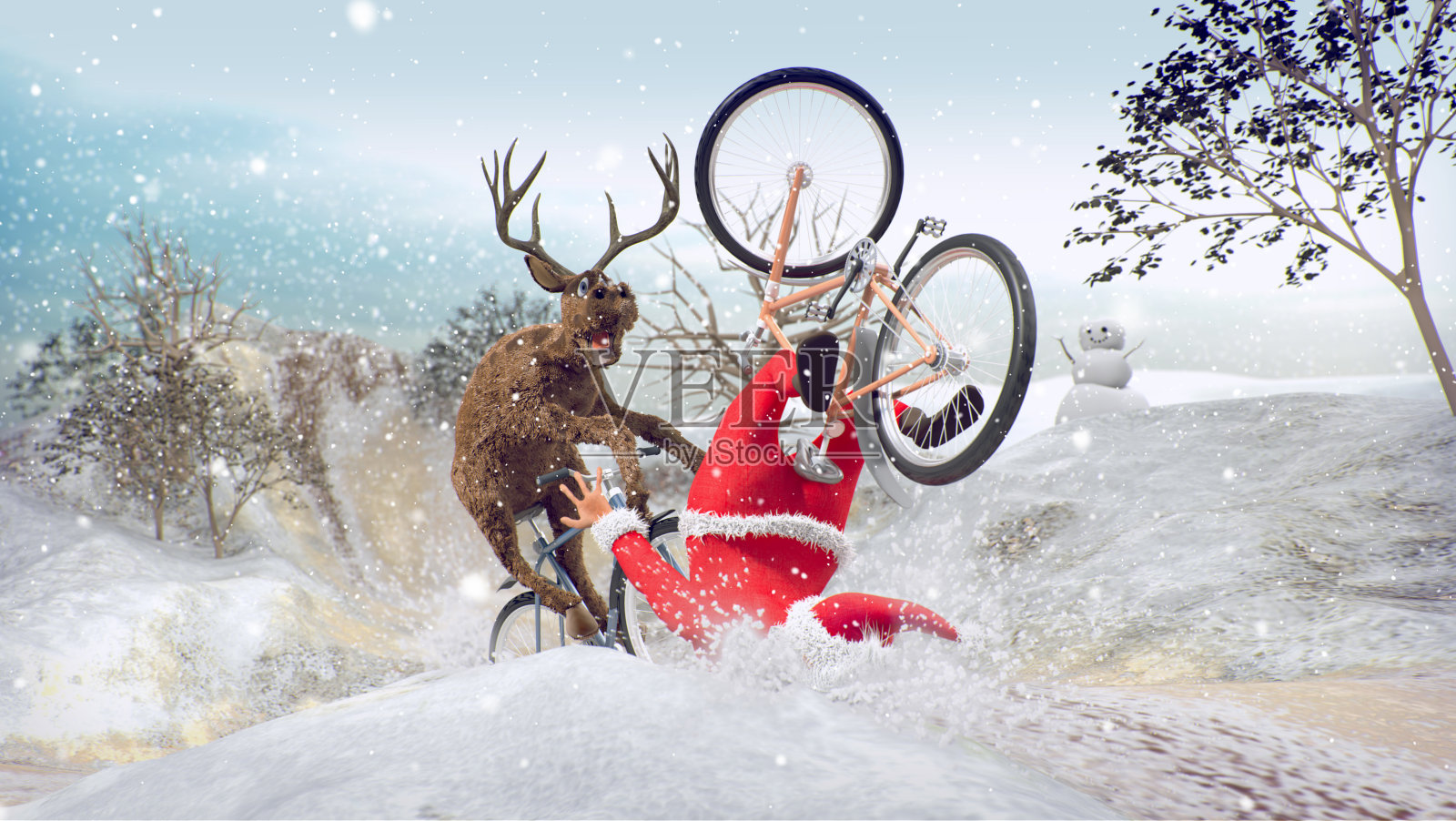 圣诞老人和驯鹿朋友骑自行车插画图片素材